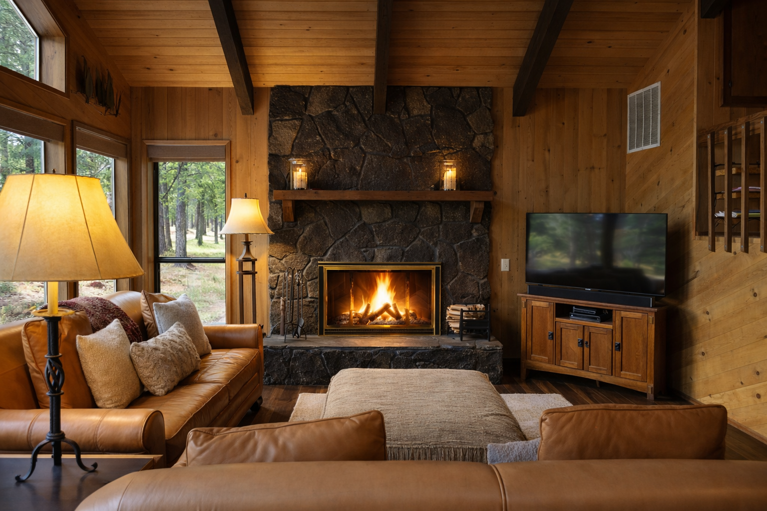 Cozy up in your rustic retreat with crackling fireplace, rich leather seating, and forest views through windows.