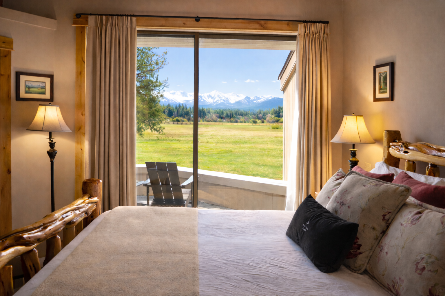 Wake up to breathtaking mountain views from your cozy bedroom, where morning light streams through floor-to-ceiling windows framing endless alpine scenery.