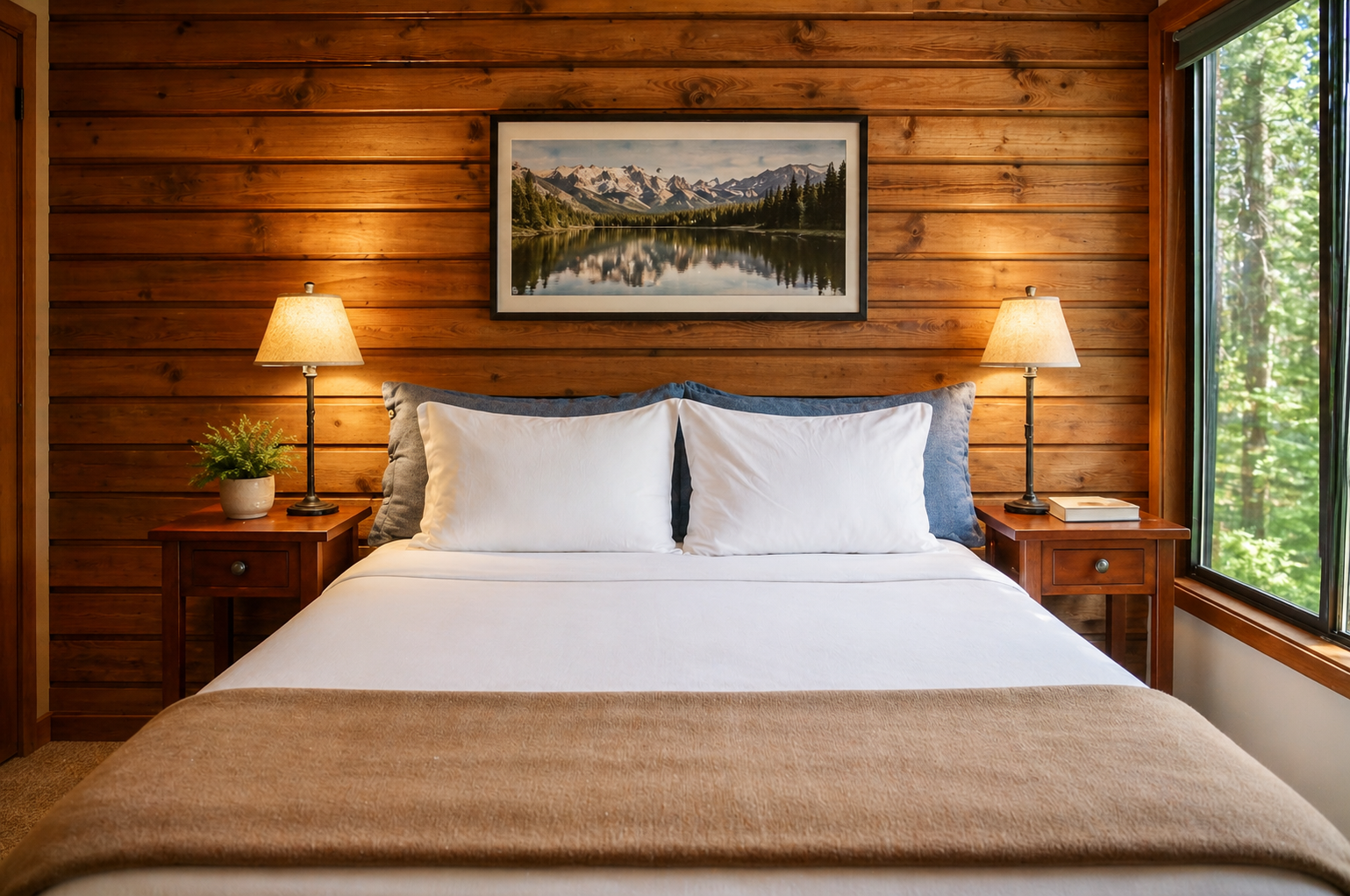 Sink into crisp white linens in your cozy mountain bedroom, where warm wood walls and soft lighting create the perfect retreat after a day exploring nature.