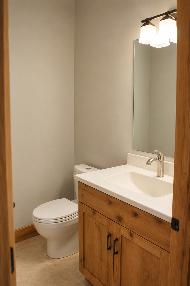 Your private bathroom offers clean simplicity with a warm wood vanity, bright lighting, and thoughtful touches that make freshening up feel comfortable and easy.