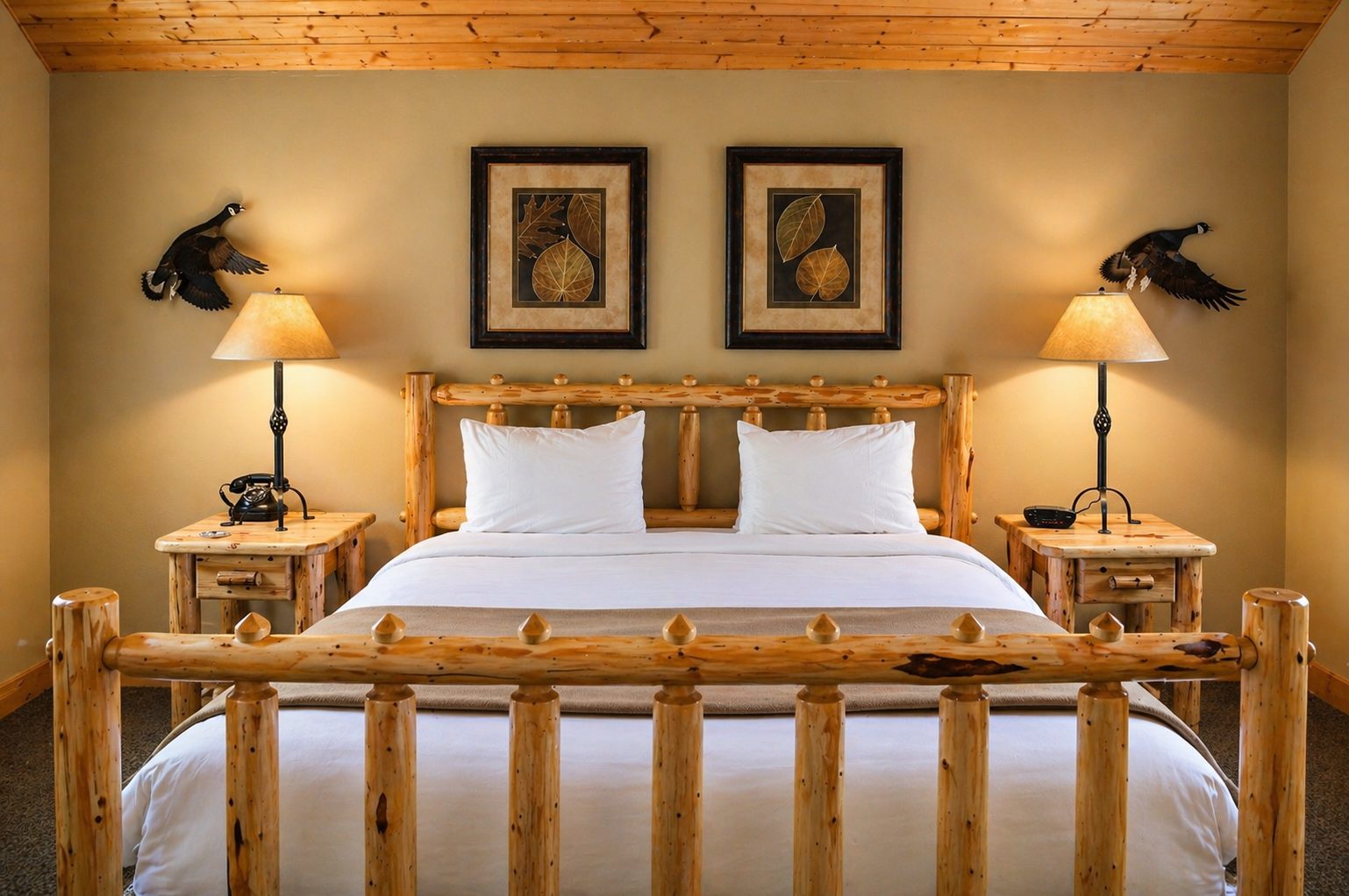 Drift off peacefully in your cozy log bedroom, where rustic elegance meets comfort with handcrafted pine furnishings and warm lighting.