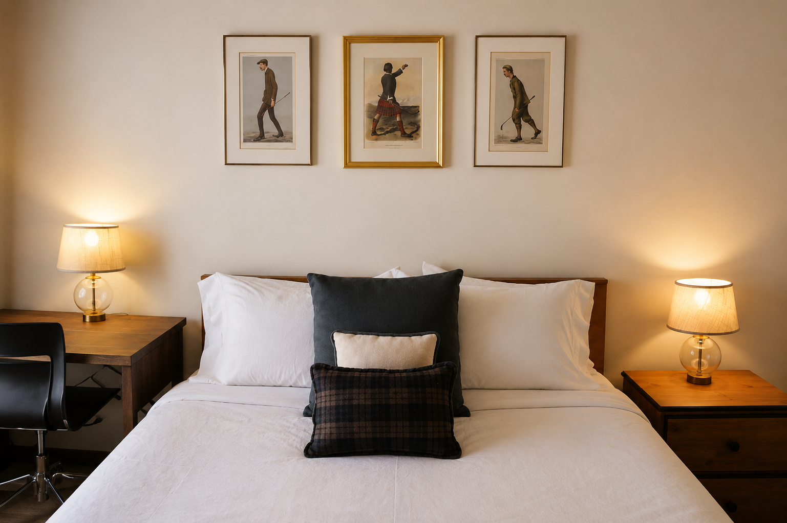 Your cozy retreat awaits with plush bedding, warm bedside lighting, and thoughtful décor. Sink into crisp linens after a day of exploring and let the soft glow ease you into relaxation.