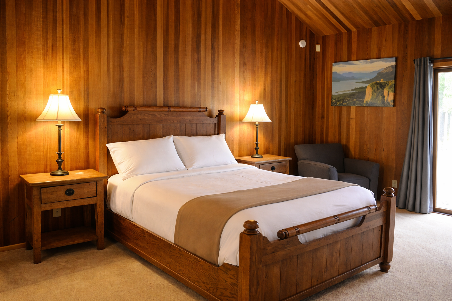 Unwind in your cozy wood-paneled bedroom, where warm lighting and rustic furnishings create the perfect mountain retreat atmosphere.