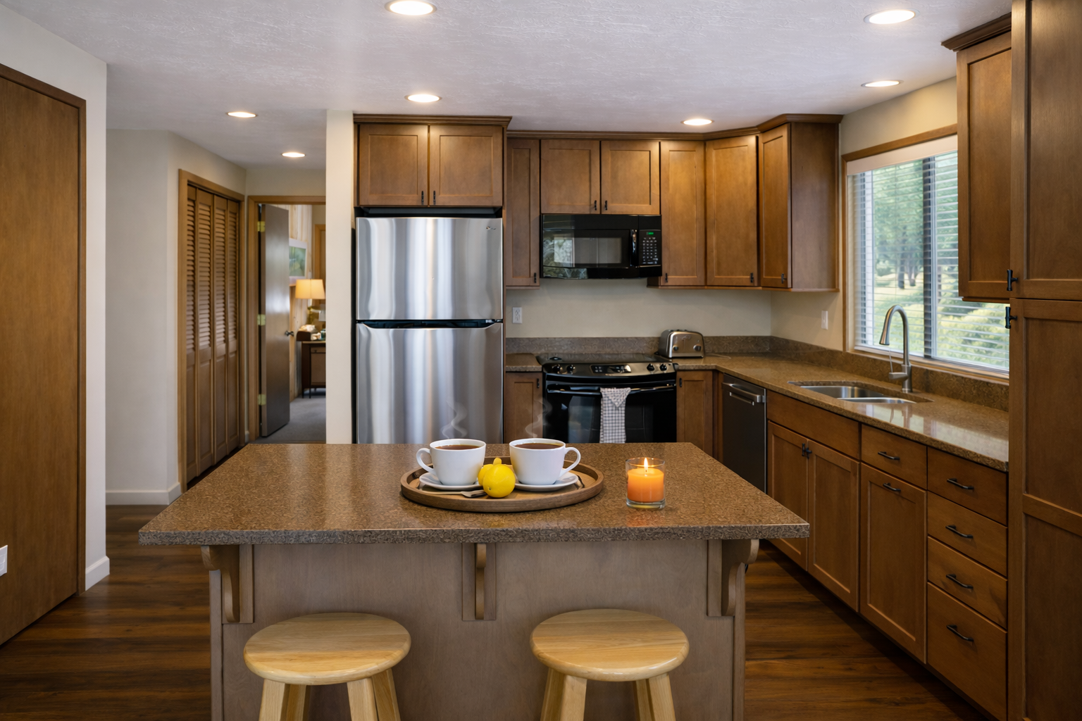 Your fully equipped kitchen awaits with warm wood cabinetry, granite counters, and modern appliances. Enjoy morning coffee at the breakfast island.