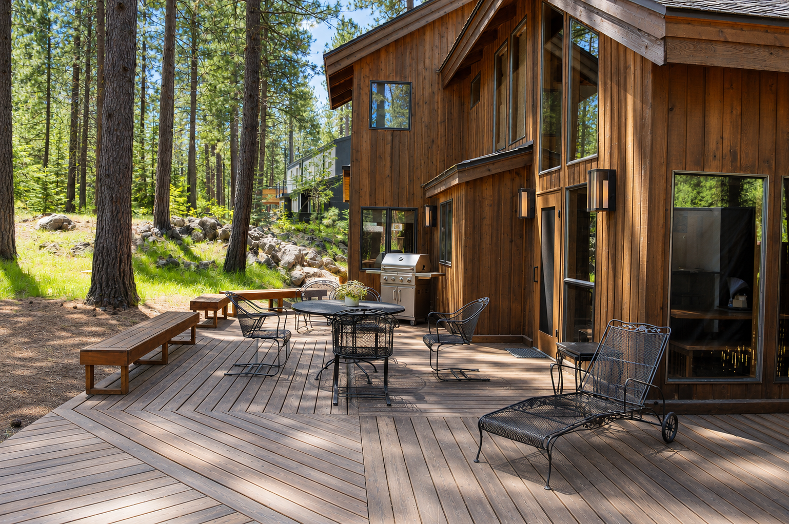 Surrounded by towering pines, your private deck invites you to unwind with outdoor dining, lounging, and grilling while breathing in fresh mountain air and soaking up peaceful forest views.