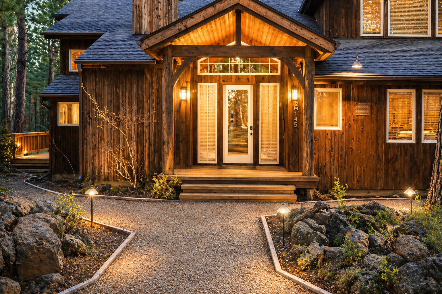 Rustic cedar cabin with welcoming front entrance, featuring warm lighting and natural stone landscaping in a peaceful forest setting.
