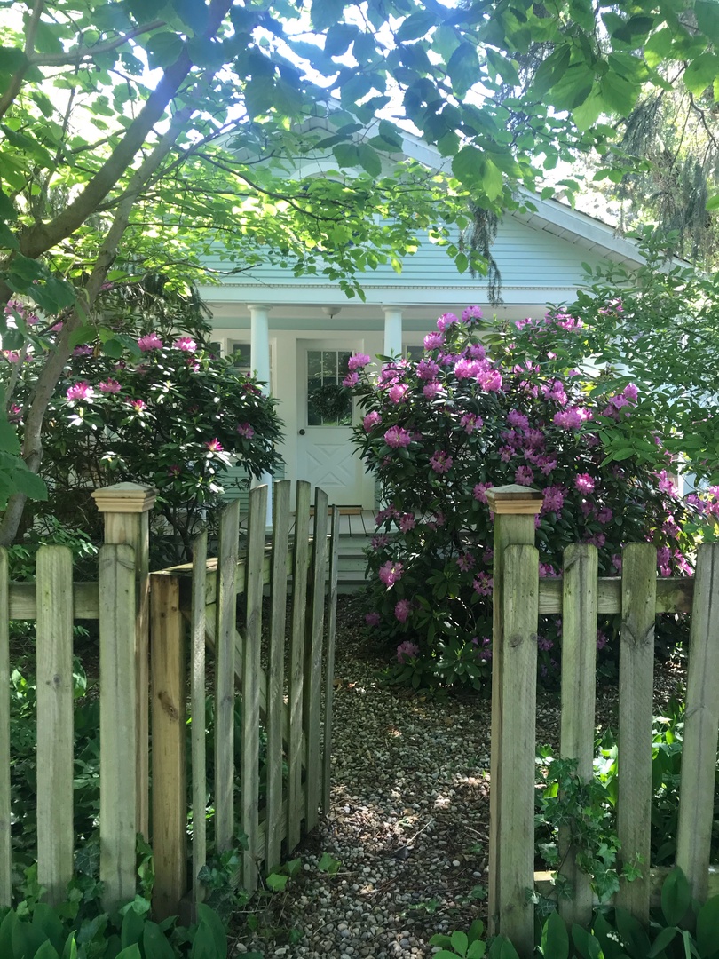 A charming cottage entrance framed by lush greenery and vibrant blooming rhododendrons welcomes guests to this peaceful retreat.