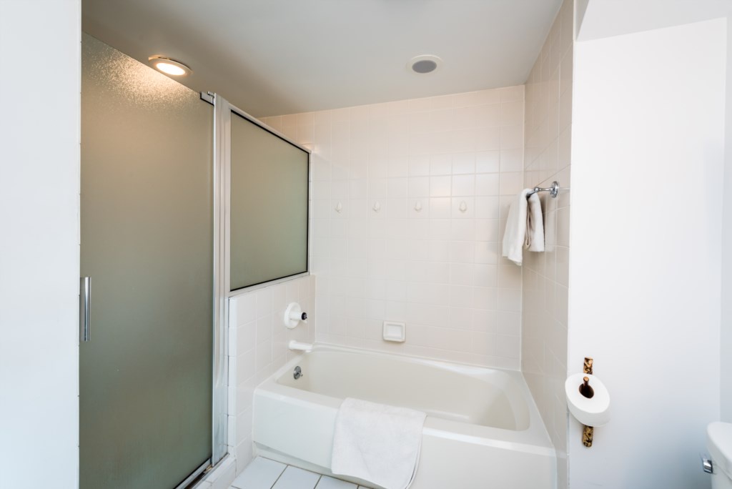 Primary bathroom with tub and large tiled shower with built-in bench.