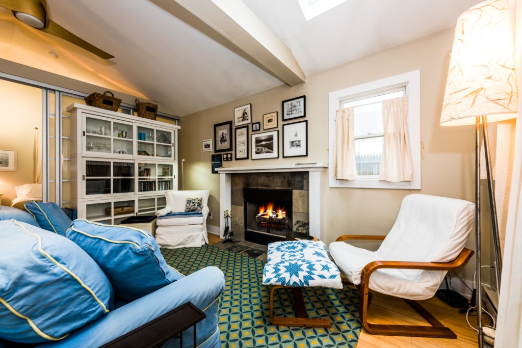 Family room with wood burning fireplace!