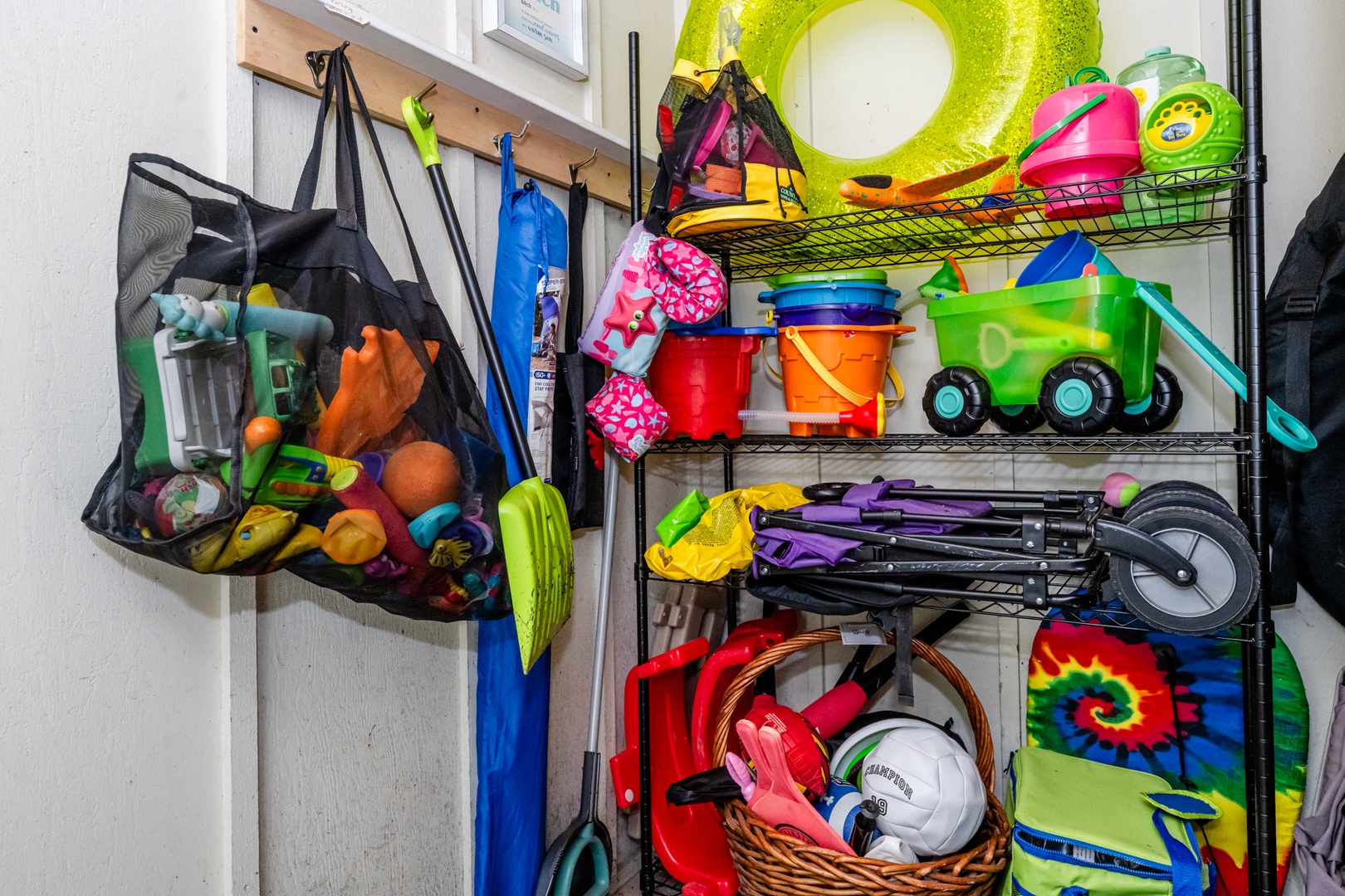 Your family will love this thoughtfully organized storage filled with beach toys, pool floats, and outdoor fun essentials ready for endless adventures.