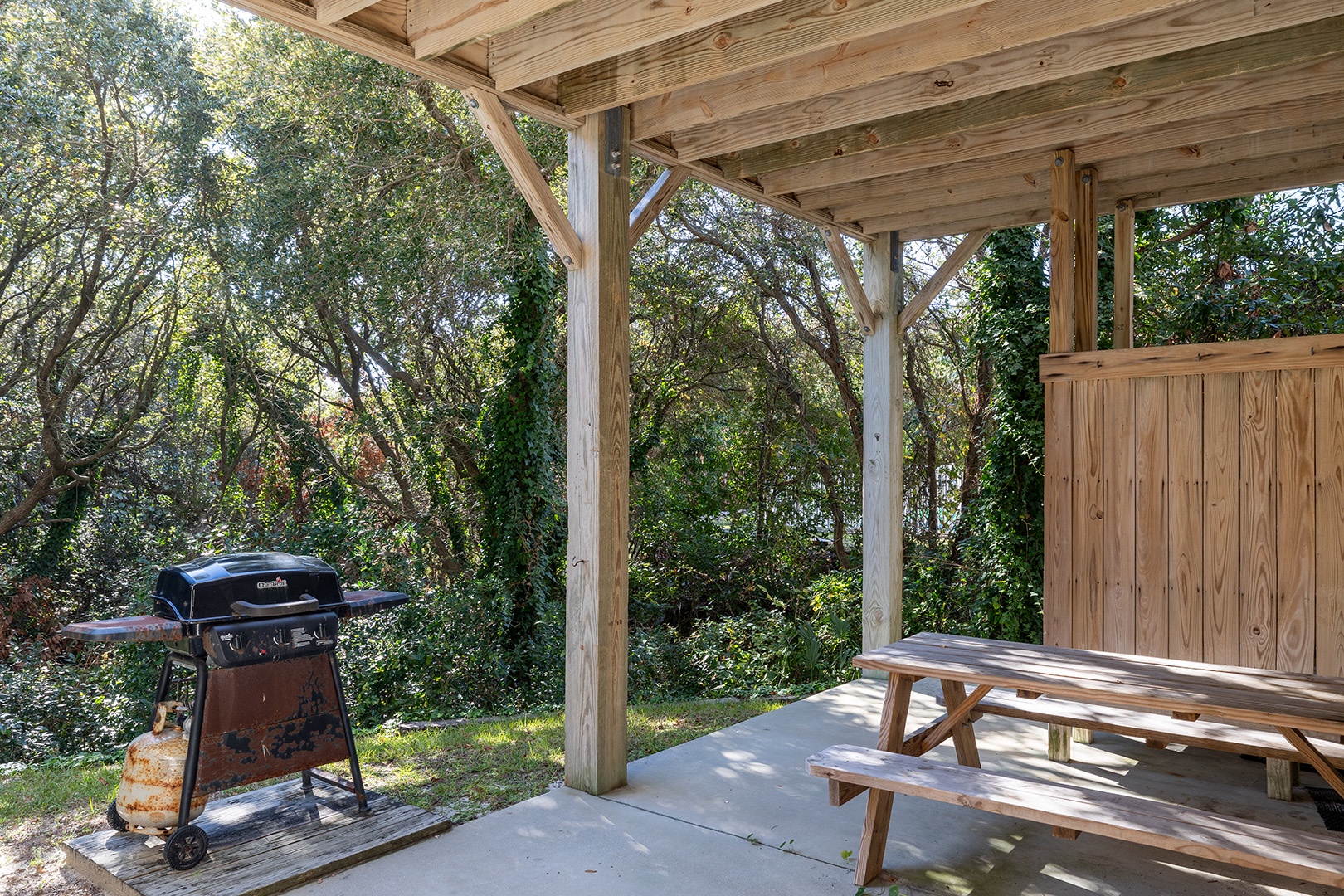 Grill Area with Seating and Outdoor Shower