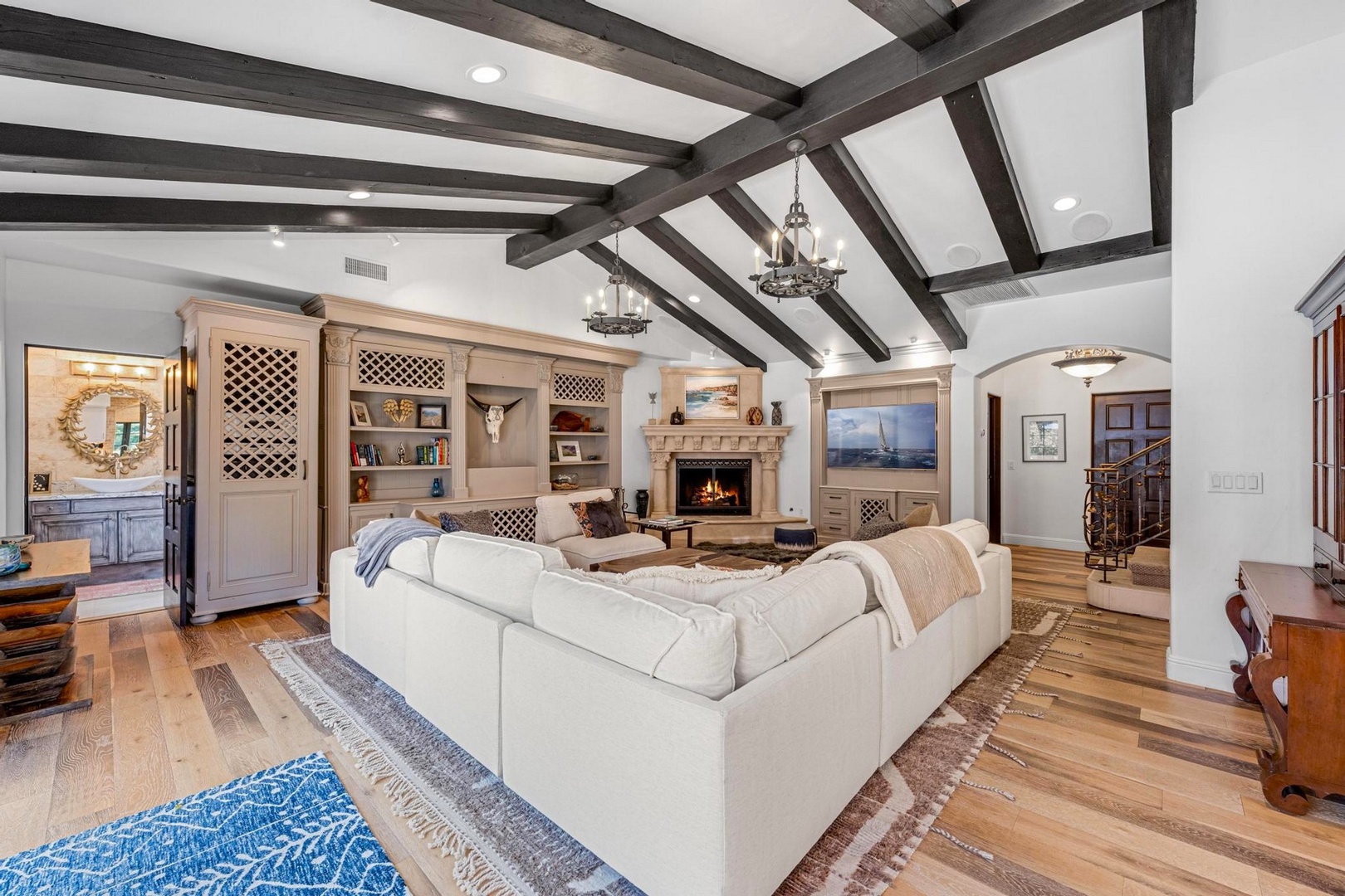 Vaulted beam ceiling living room