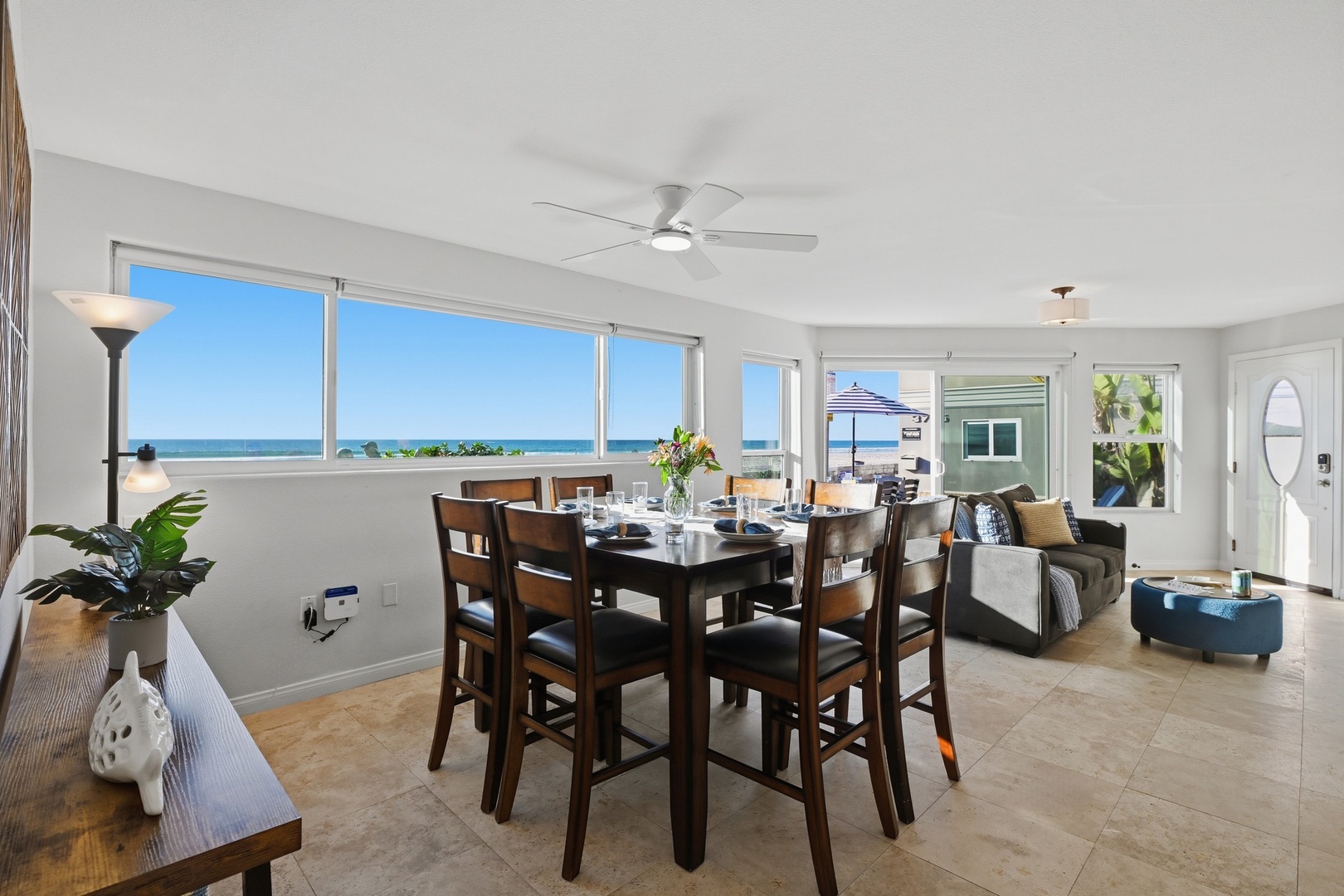 Interior dining with a sunset view