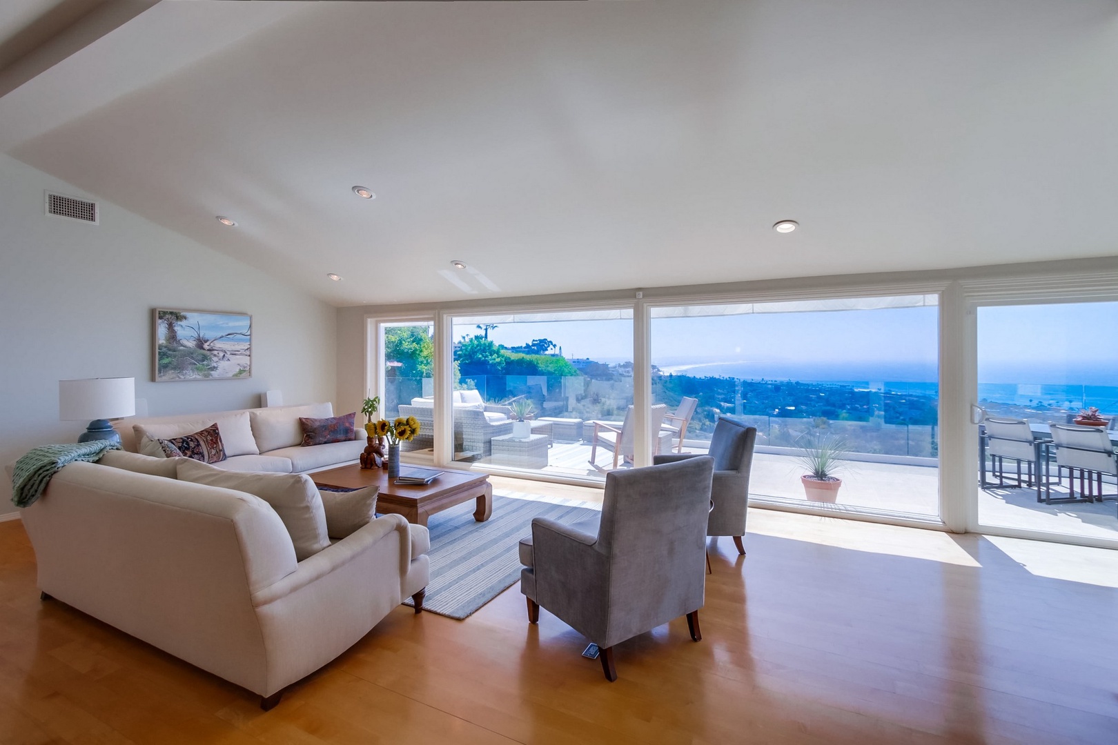 Hardwood floors and vaulted ceilings