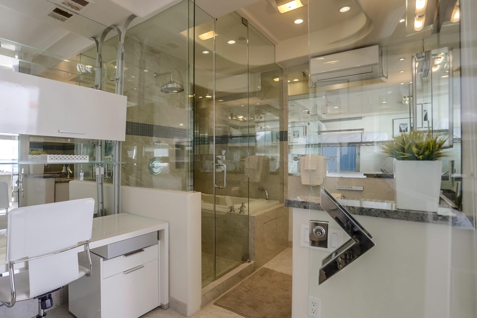 Desk space and gorgeous shower