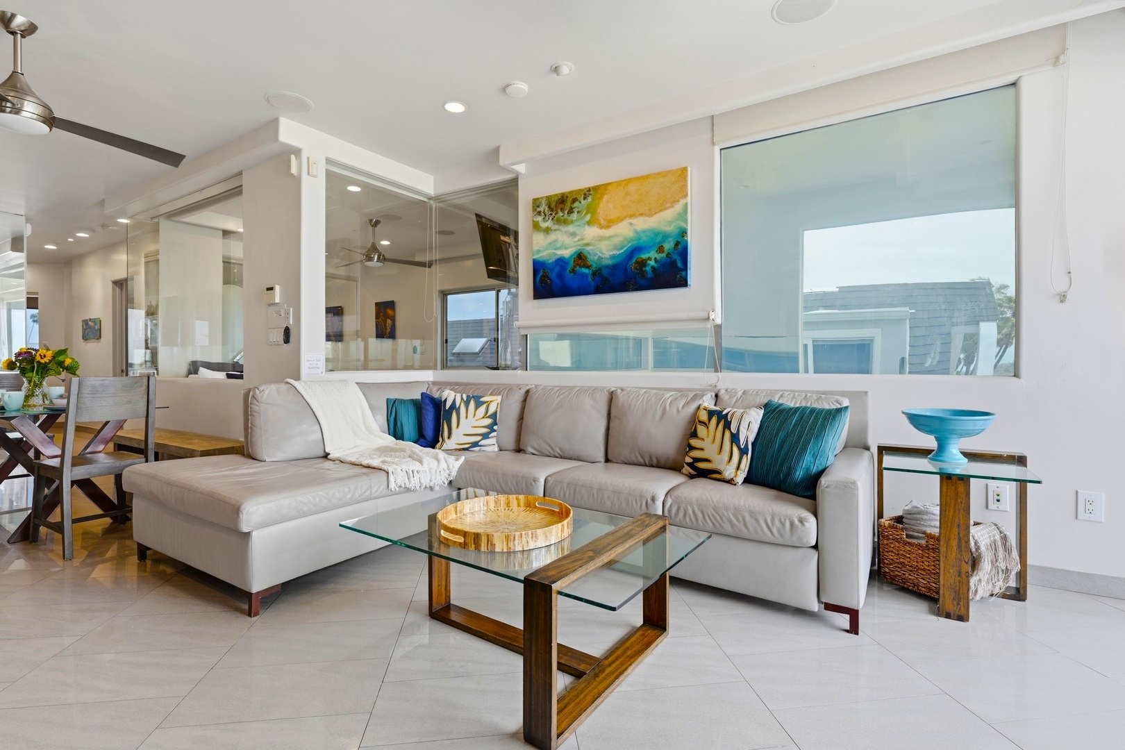 Modern living space with coastal-inspired accents