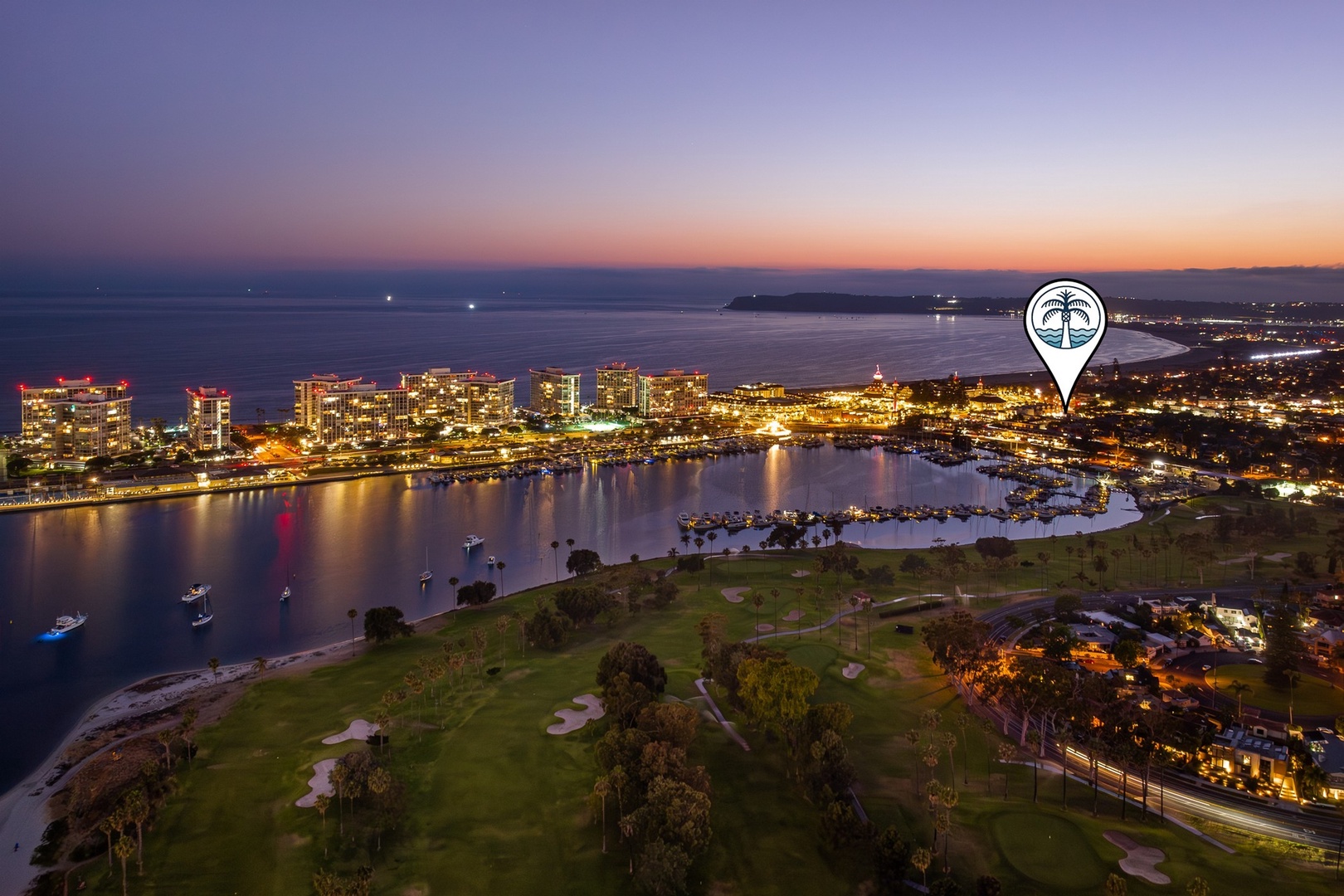Evening view of Coronado, bay and the ocean