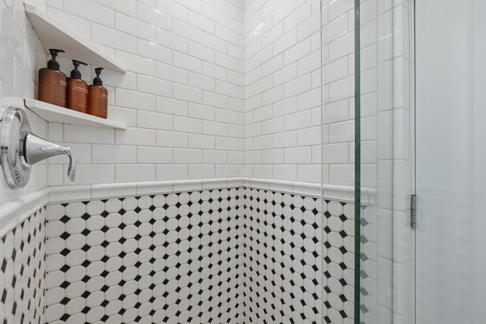 Walk in shower with vintage tile