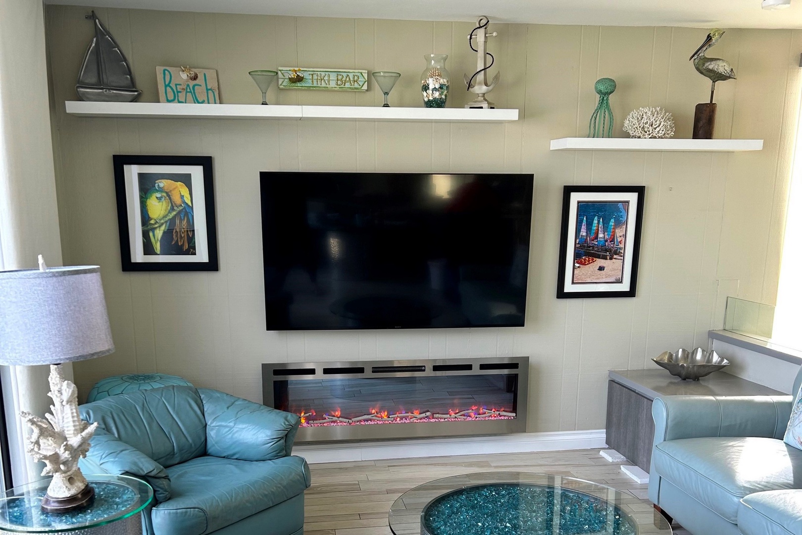 Living room fireplace and TV