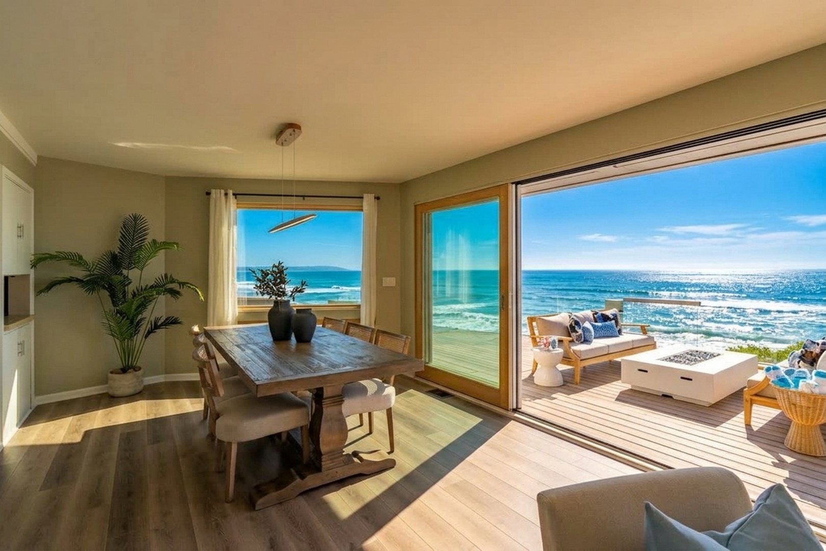 Ocean views frame your dining space