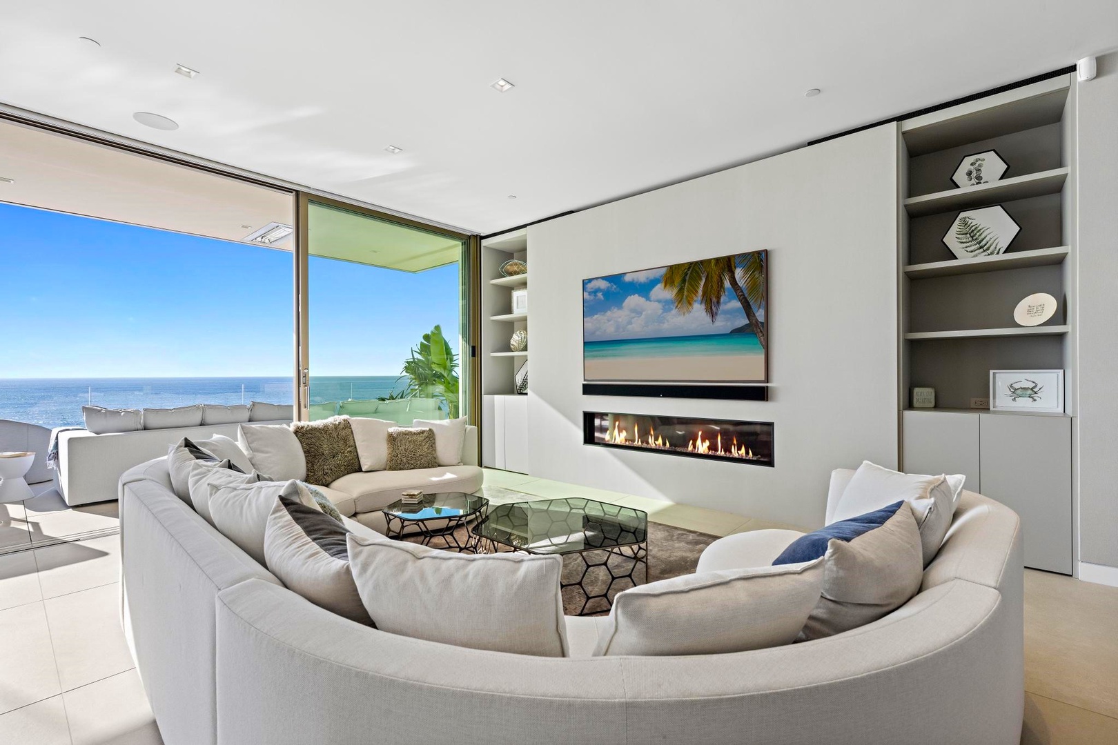 Linear fireplace and "The Frame" HDTV