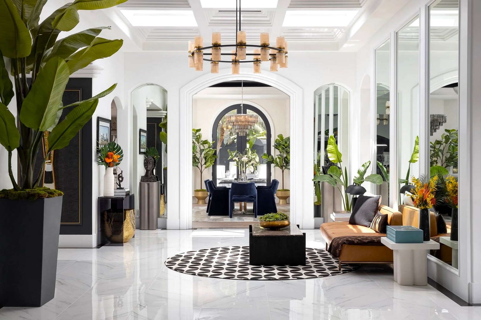 Step into your sophisticated retreat where tropical greenery meets elegant design, creating a serene oasis for your perfect getaway.