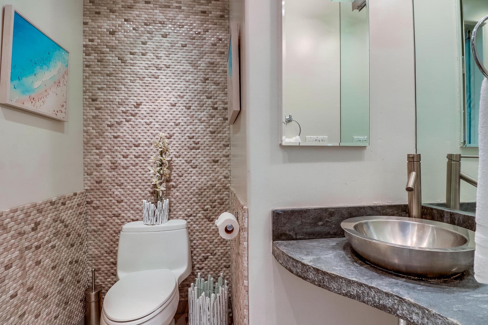 Powder room with stone accent wall