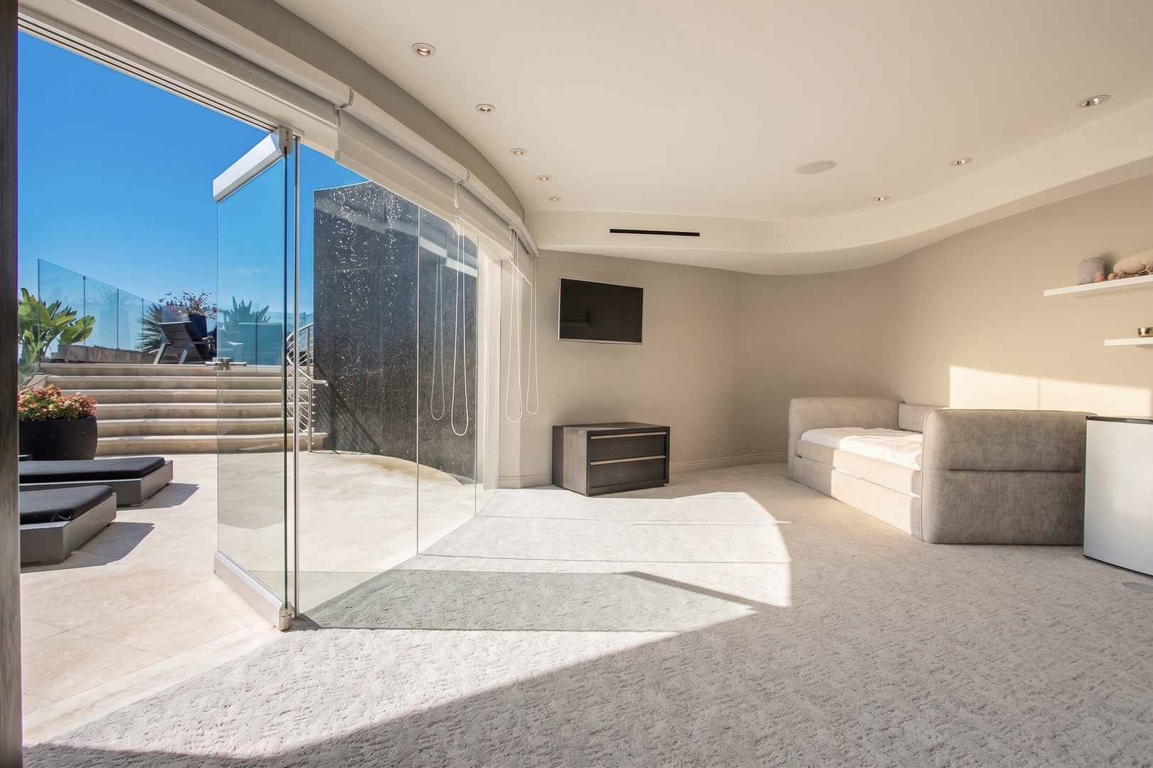 Lower level bunk room opens to sun loungers