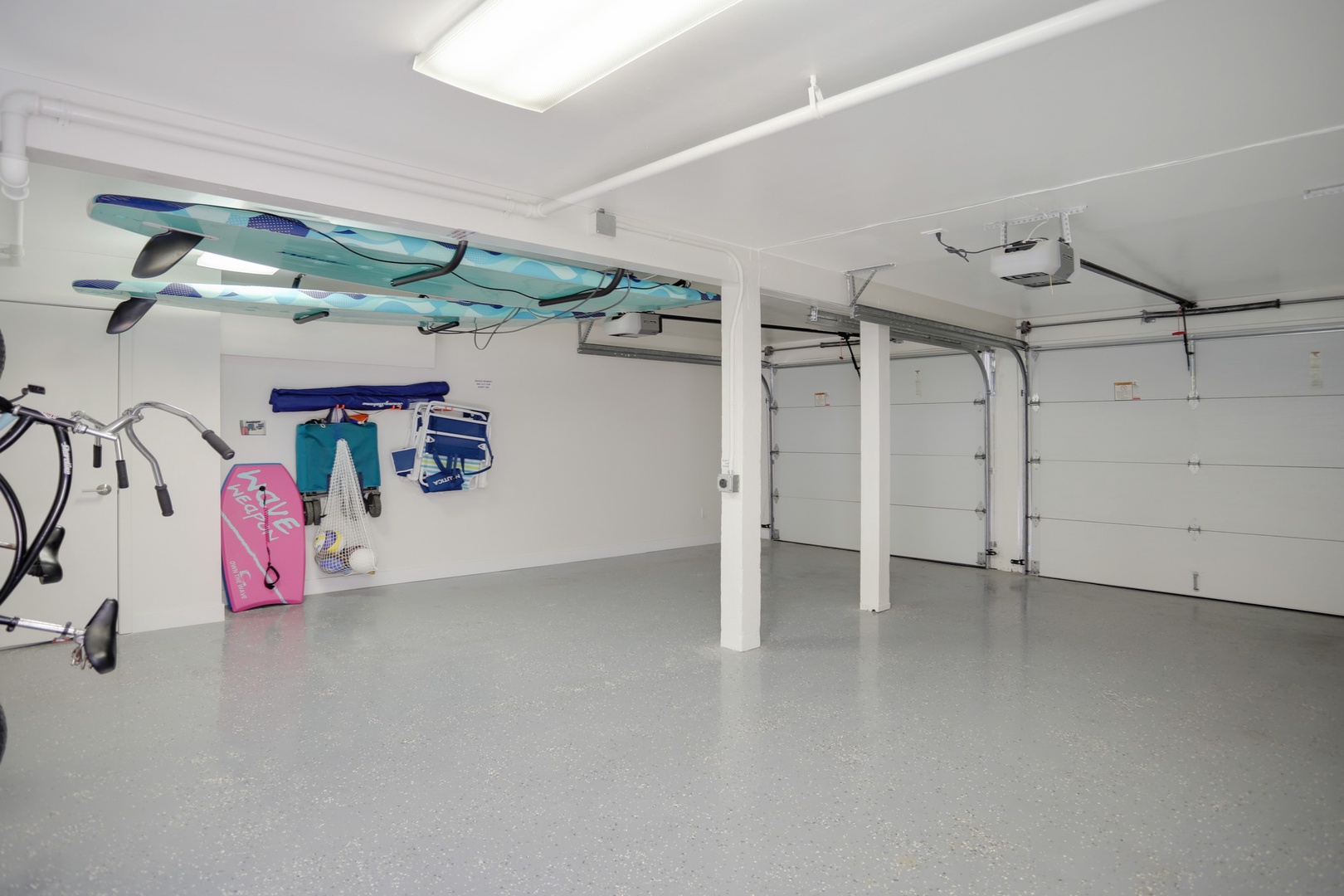 Garage with beach equipment (surfboards not available)