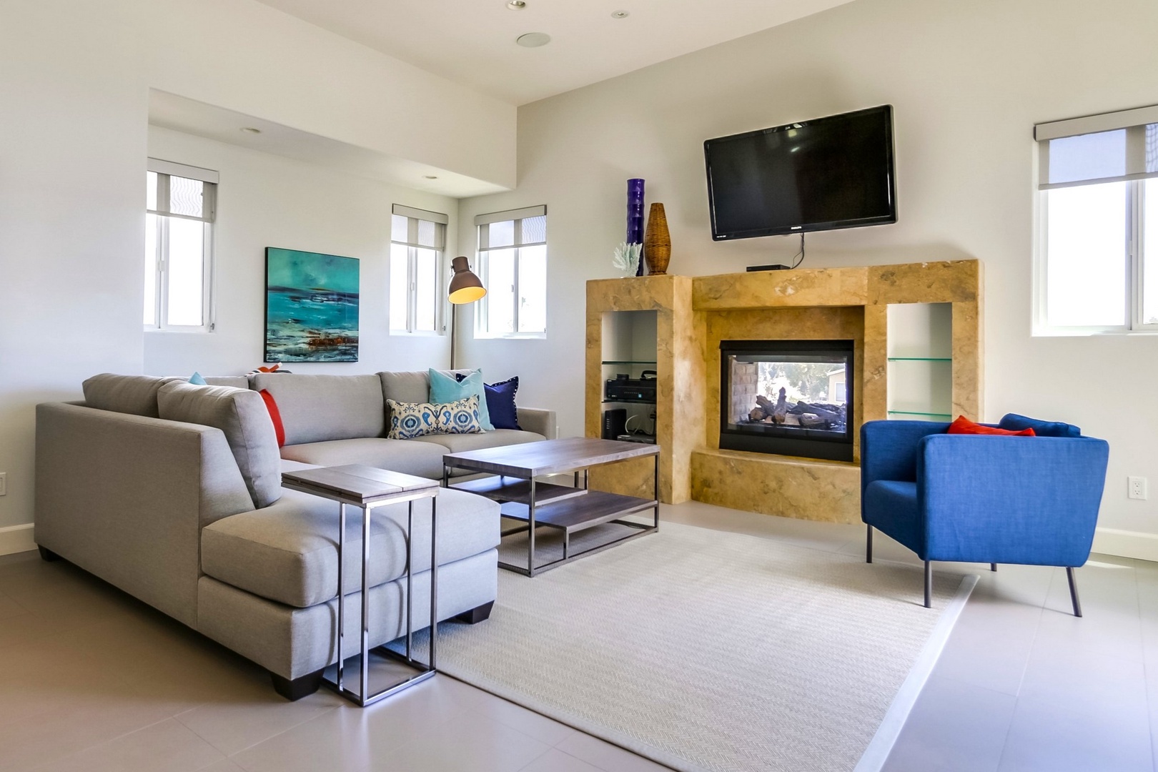 Living room with see-through fireplace