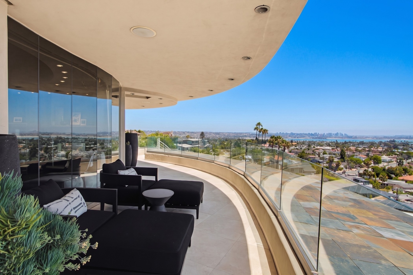 Elevated terrace showcases view to downtown San Diego.