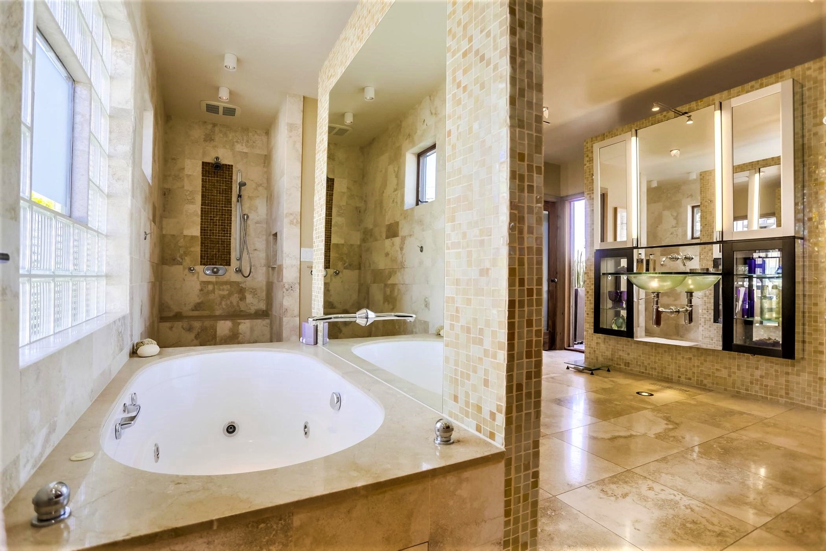 Sunken jetted tub and walk-in shower