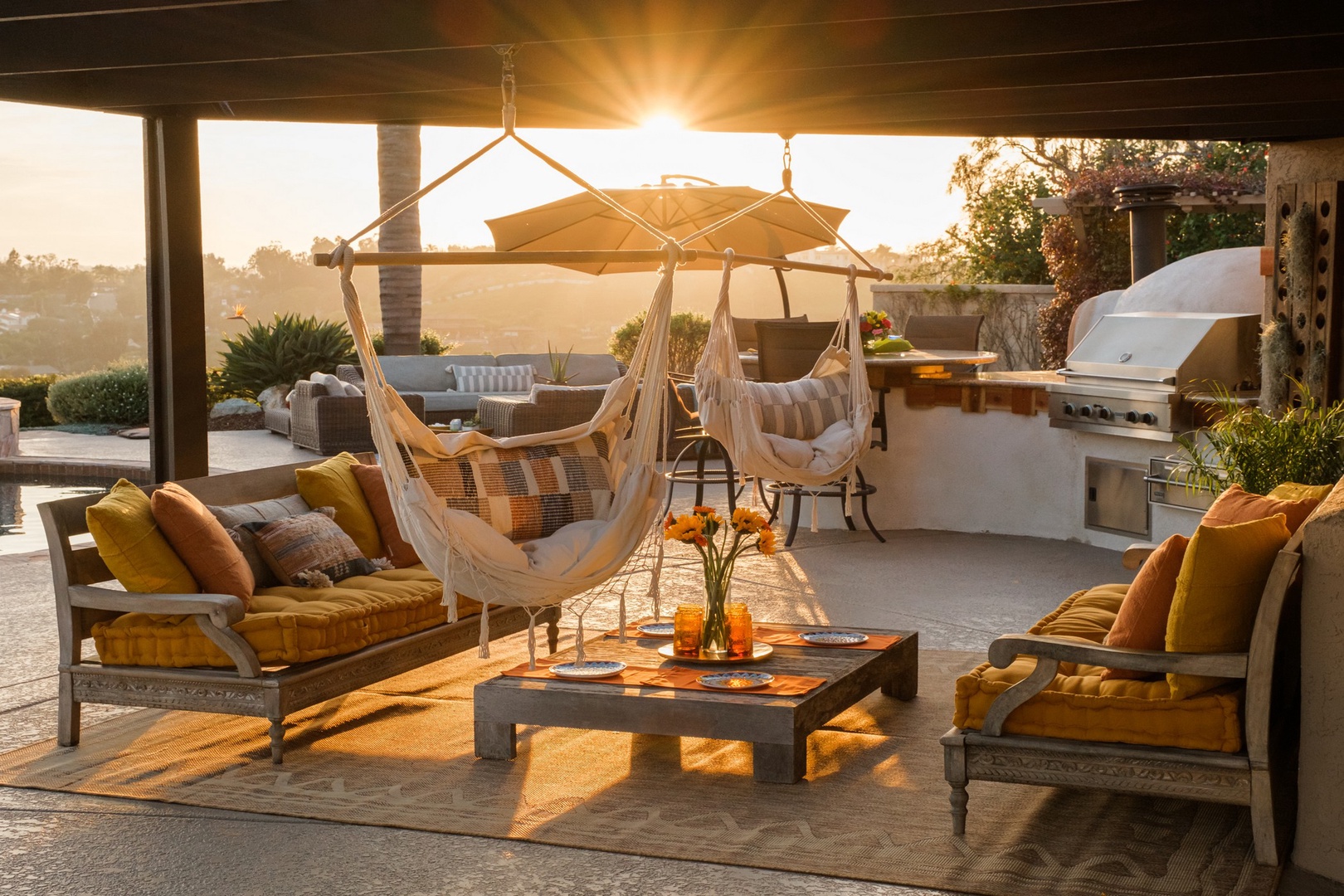 Outdoor lounge with swinging chairs