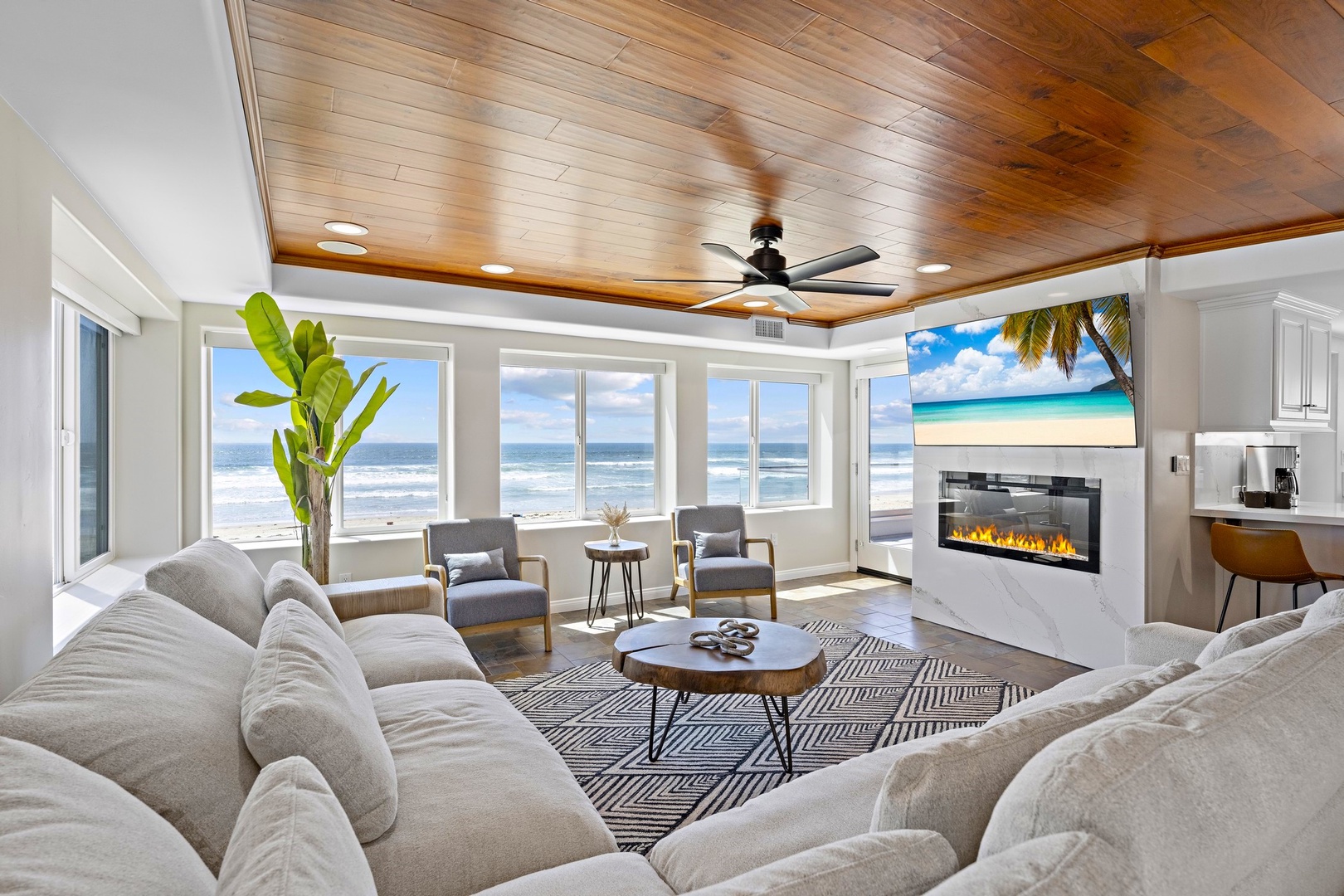 Oceanview living room with fireplace