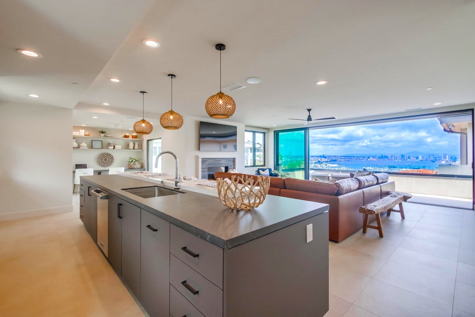 Kitchen with city and bay views