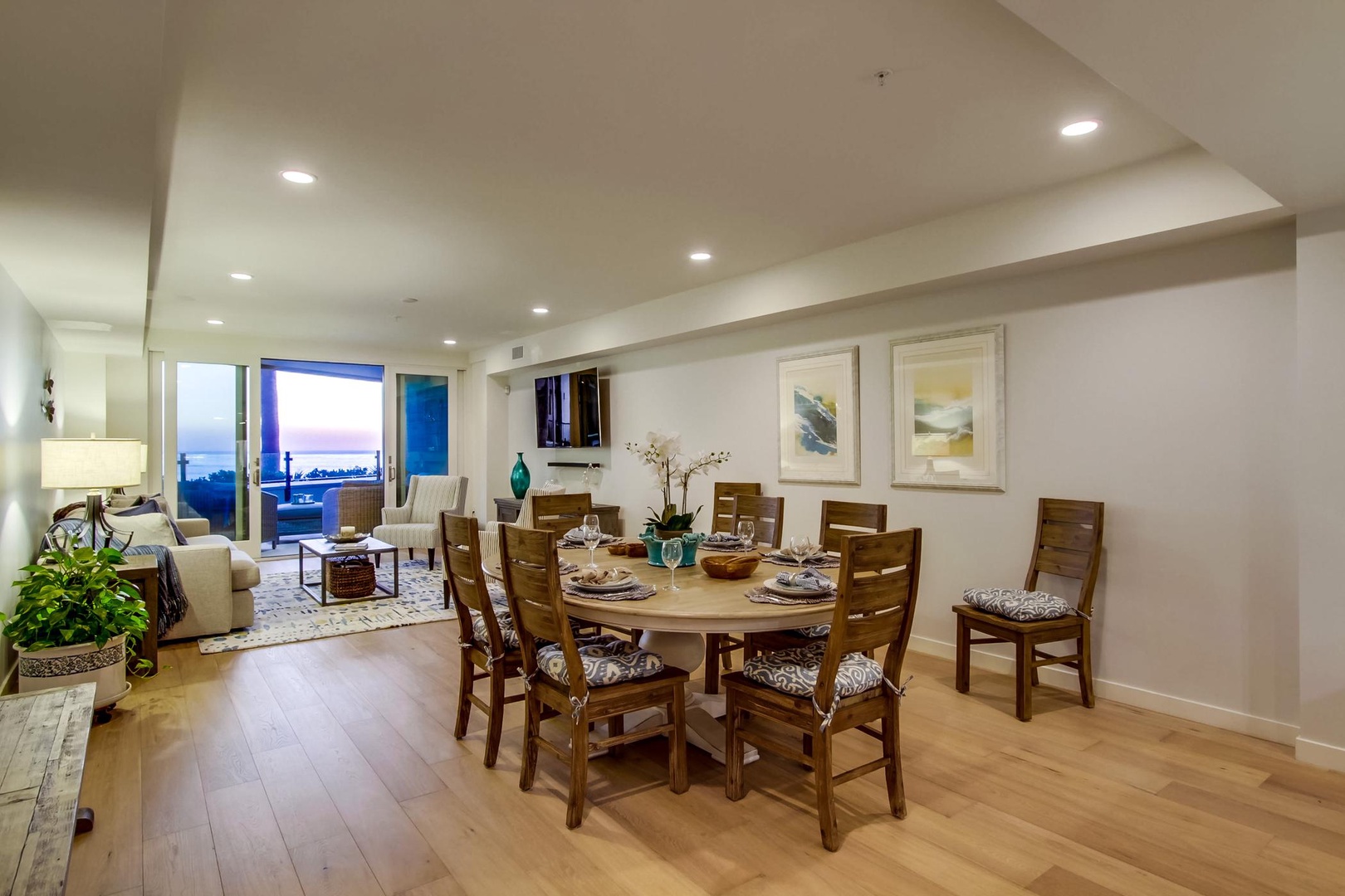 The dining table seats up to 8