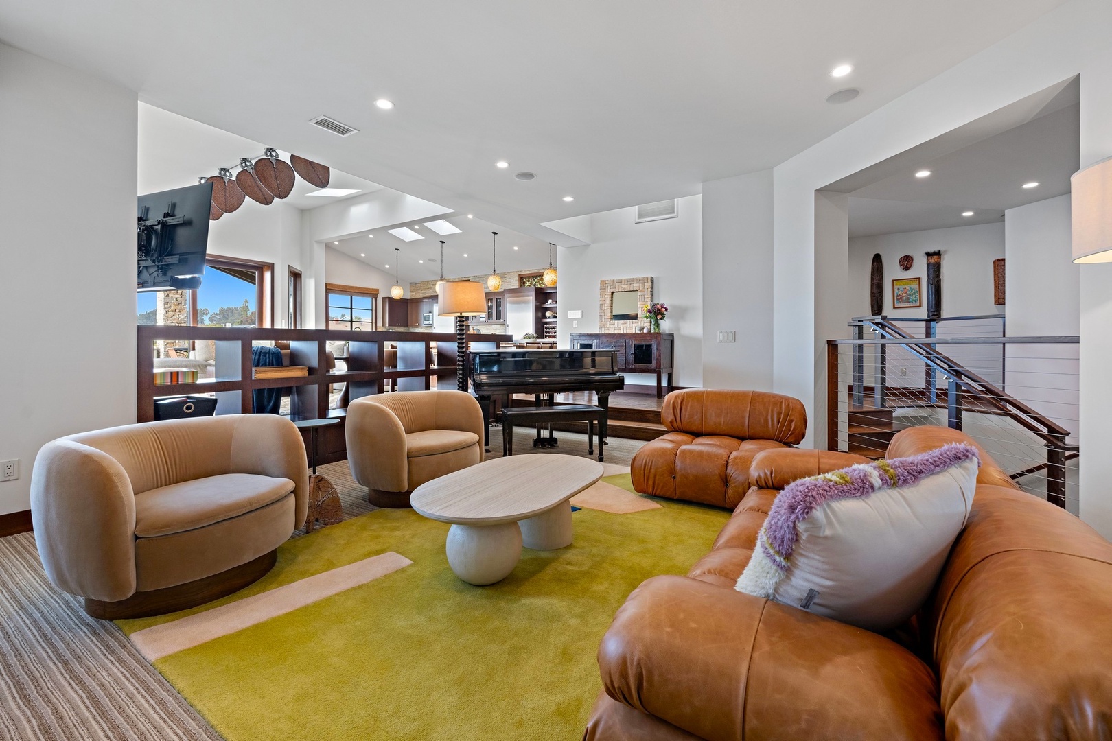 Sunken conversation area with fireplace