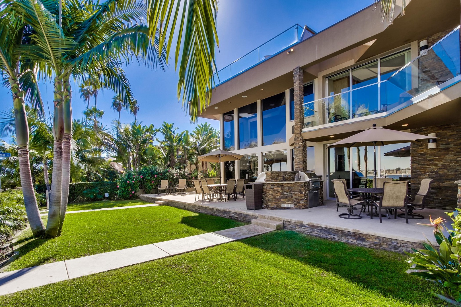 Grass lawn and outdoor dining