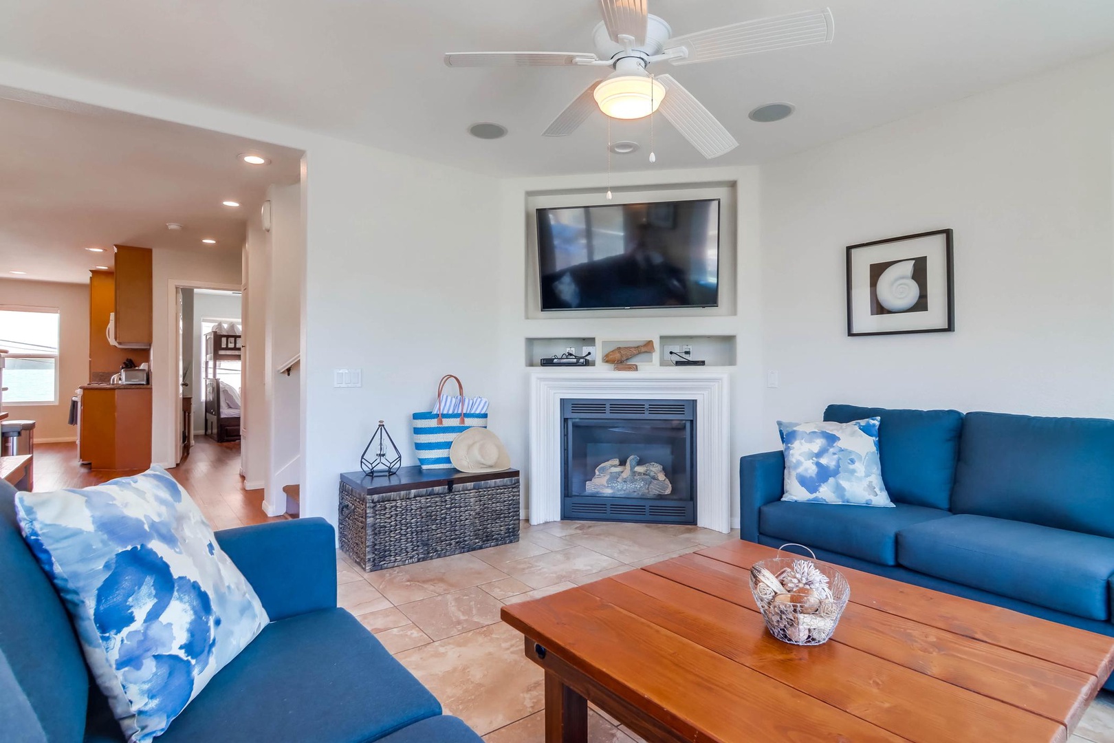 Living room with TV, fireplace no long available