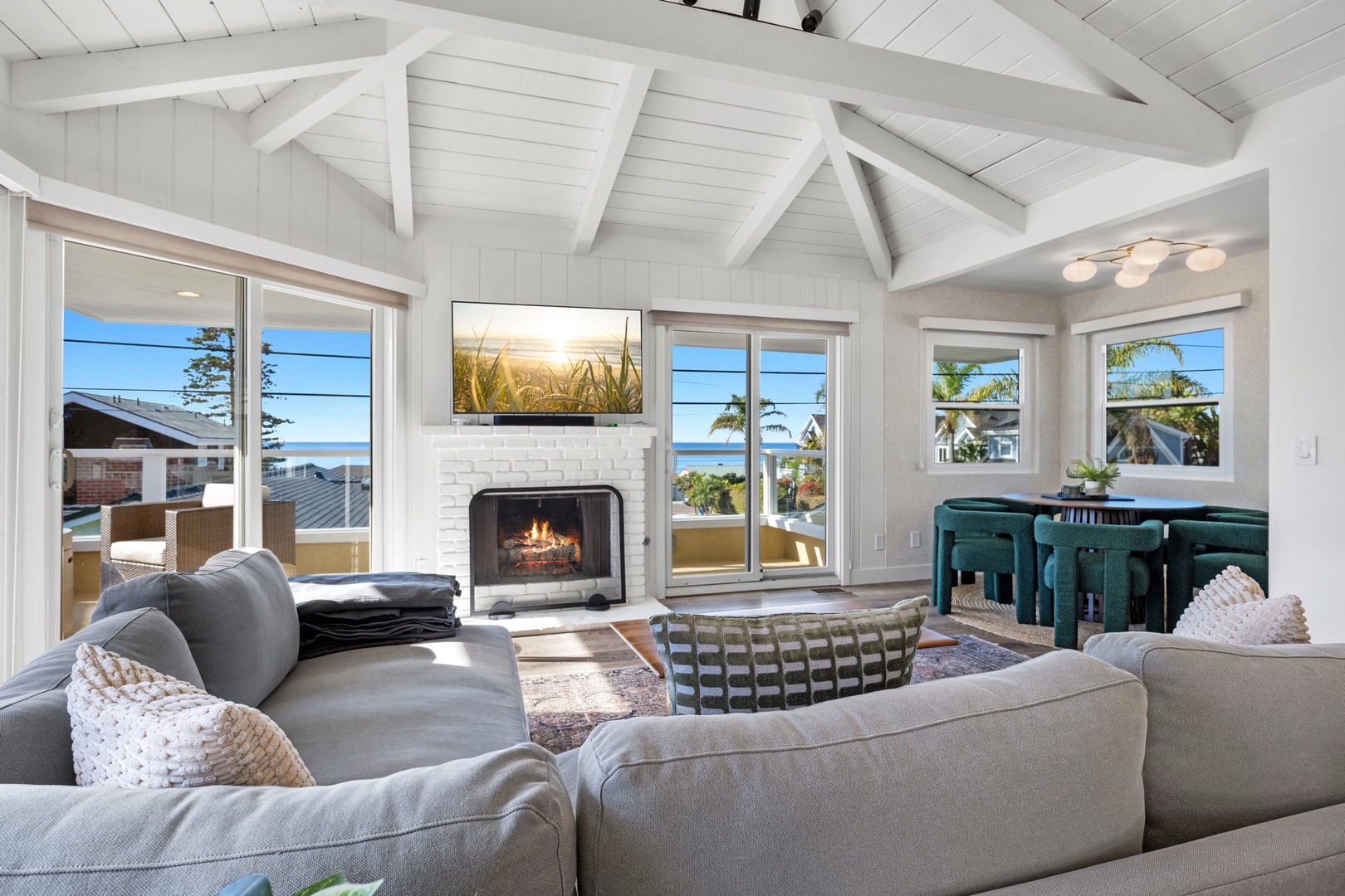 Ocean view family room with fireplace