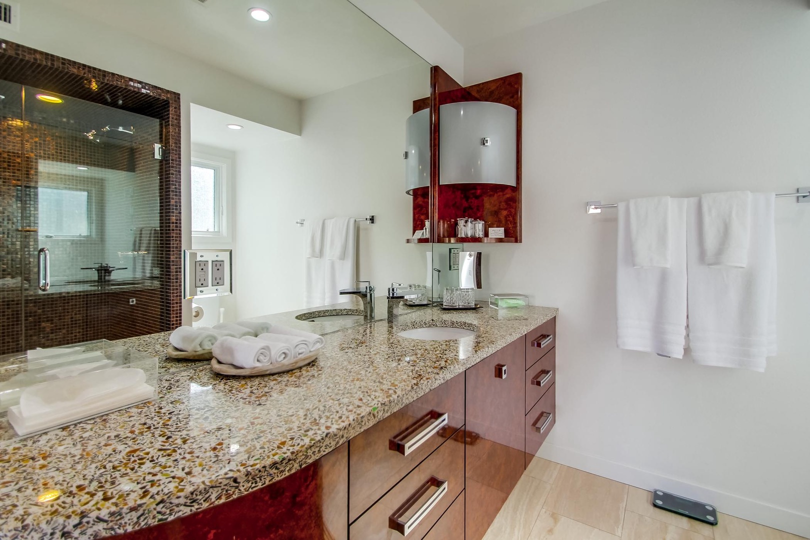 Primary bathroom with upscale finishes