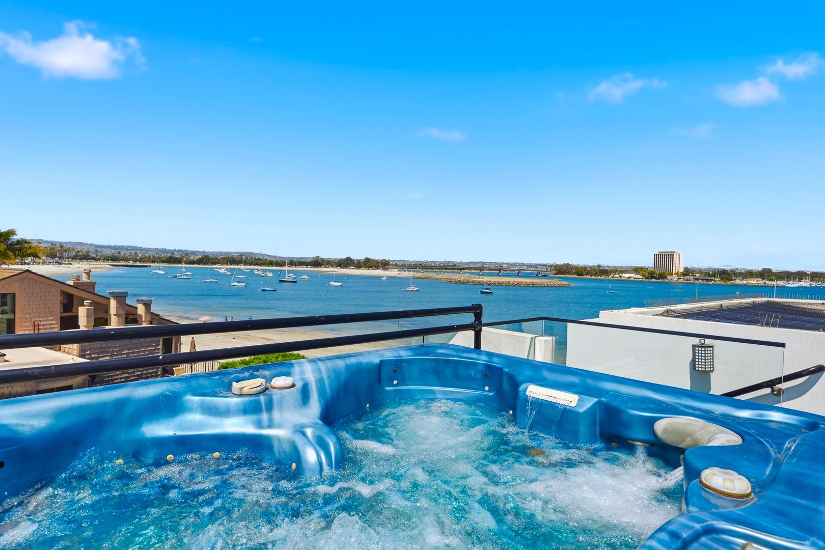 This rooftop hot tub offers views of Mission Bay