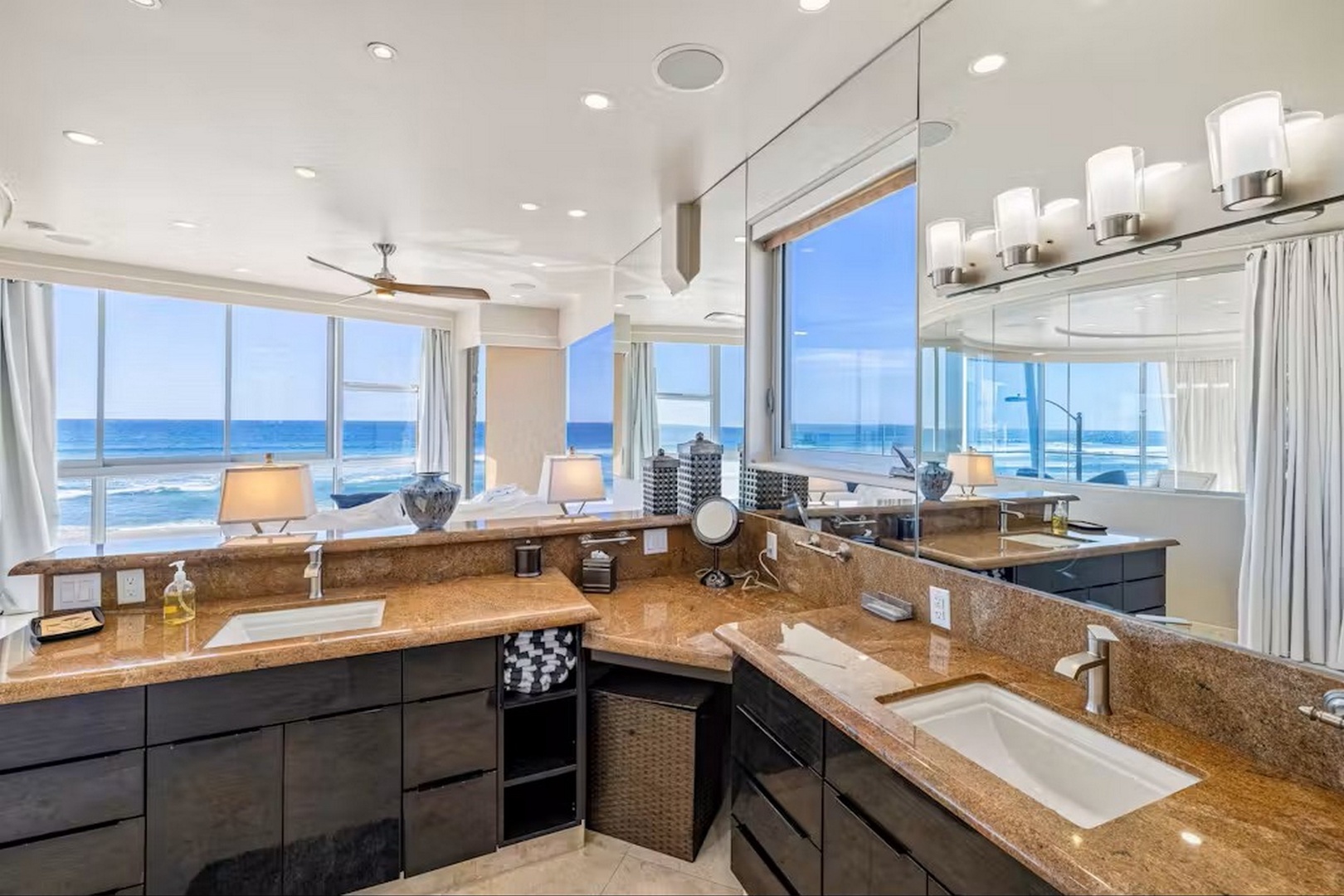 Dual-sink vanity with ocean views