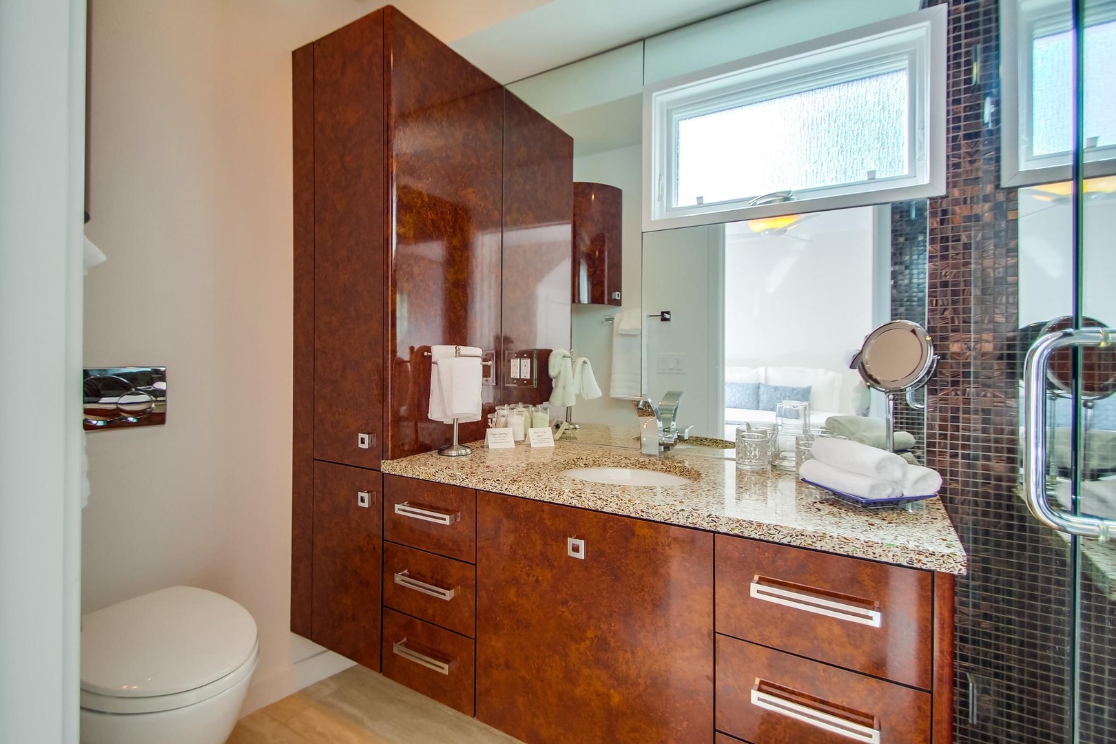 Glass-tiled walk-in shower