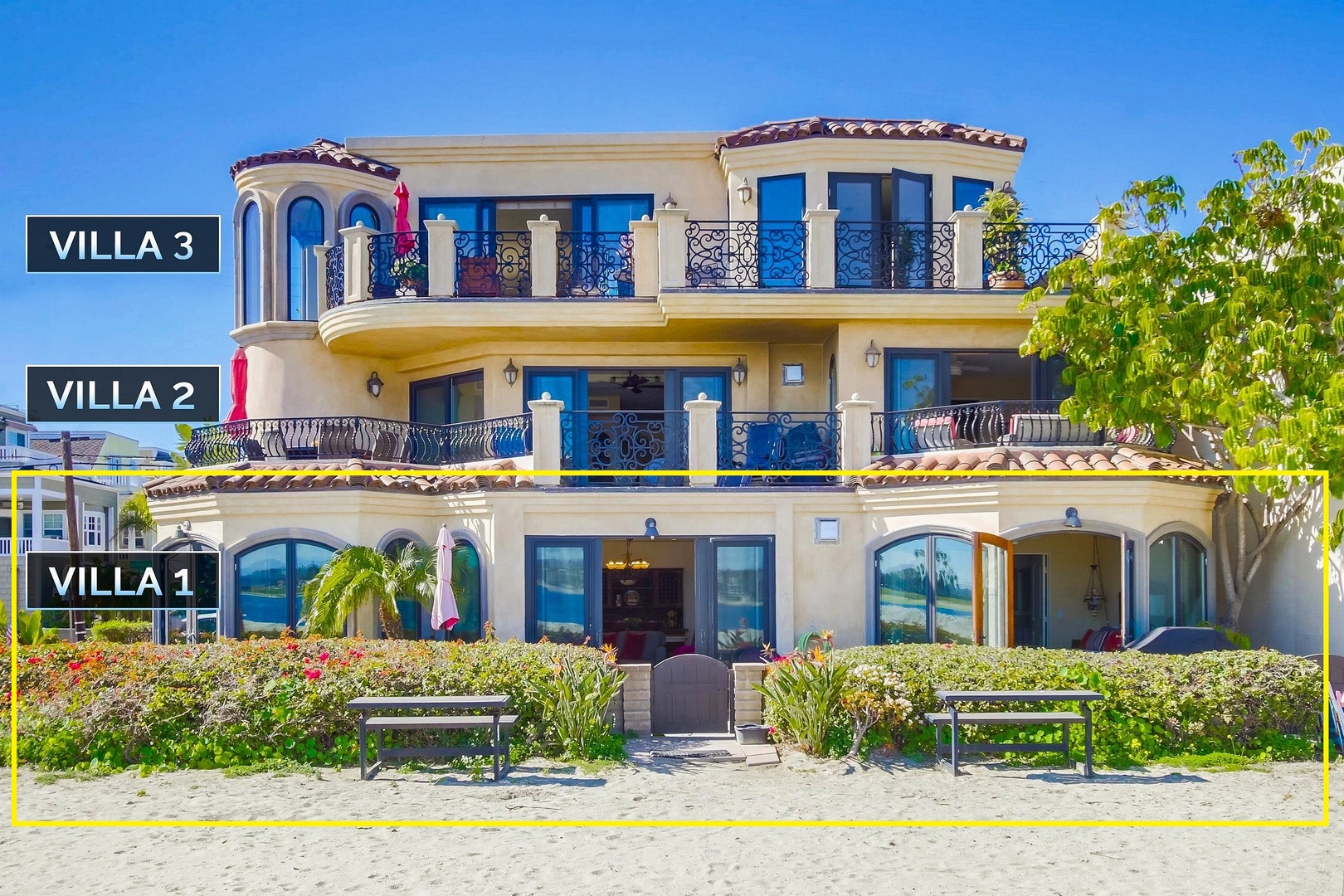 Mission Bay ground level beachfront villa complex featuring Mediterranean-style and direct beach access.