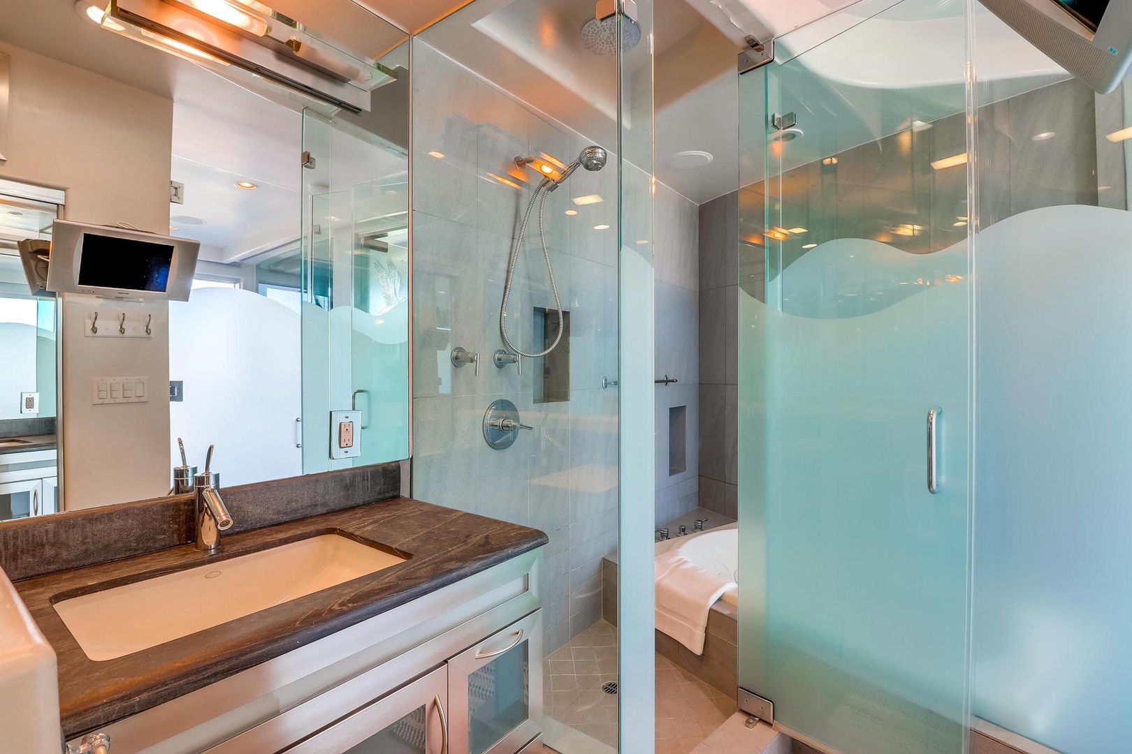 Glass-enclosed walk-in shower