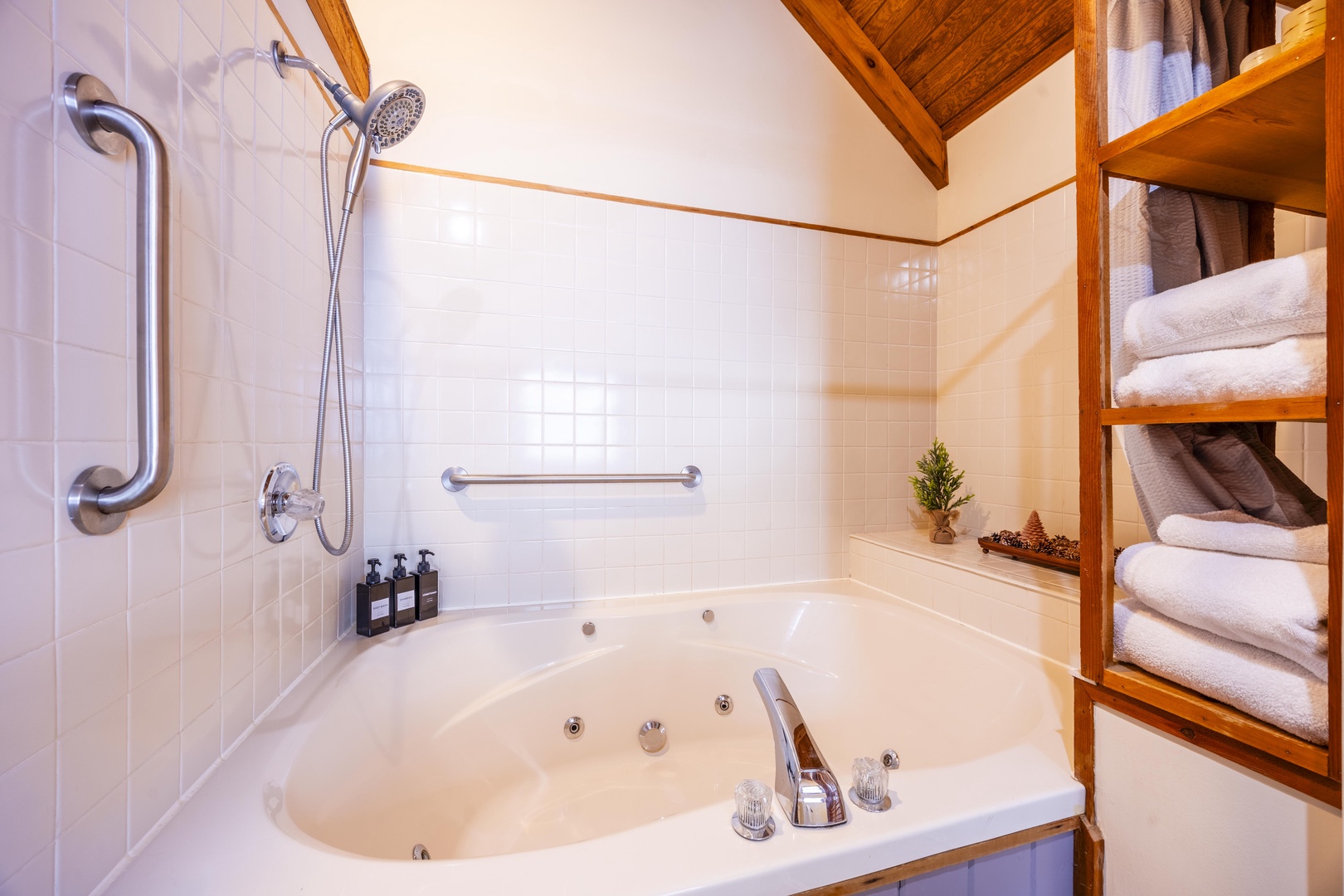 Soak away your cares in your private jetted tub or refresh under the handheld shower, with plush towels and thoughtful amenities close at hand.