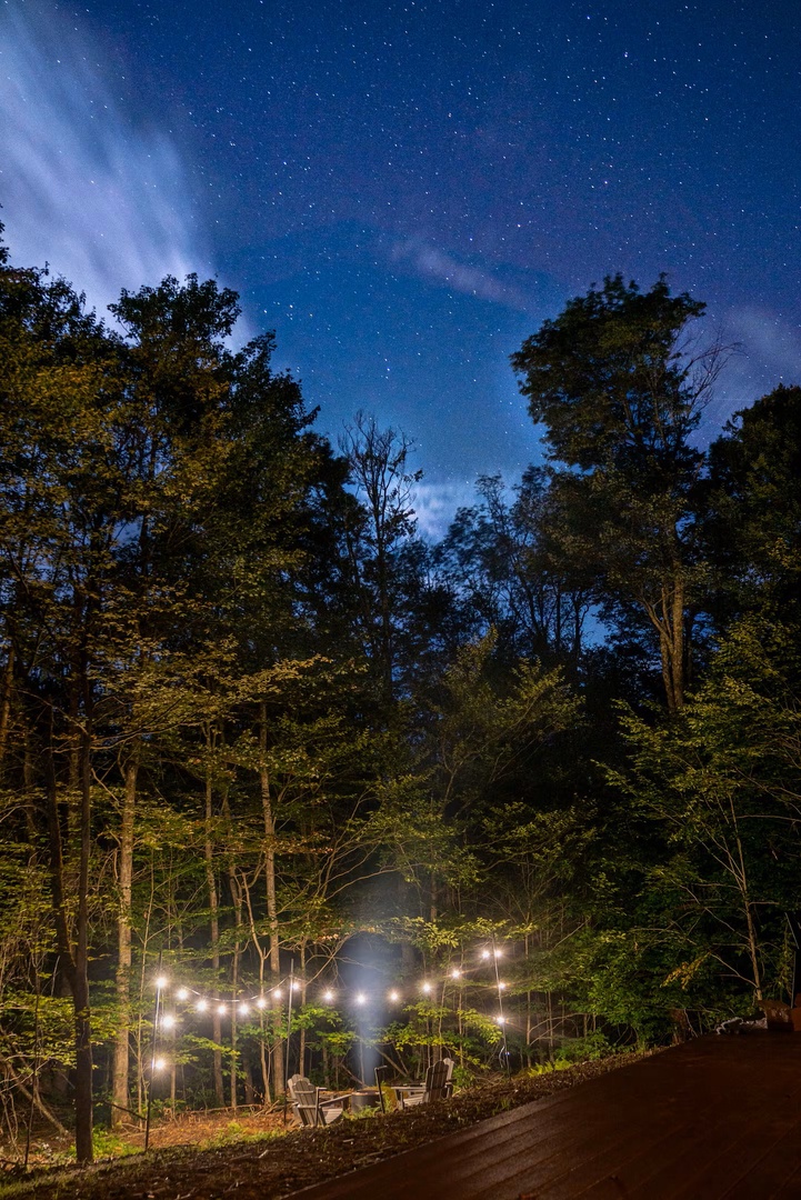 Starlit forest setting illuminated by soft evening lights, creating a peaceful backdrop for the property.