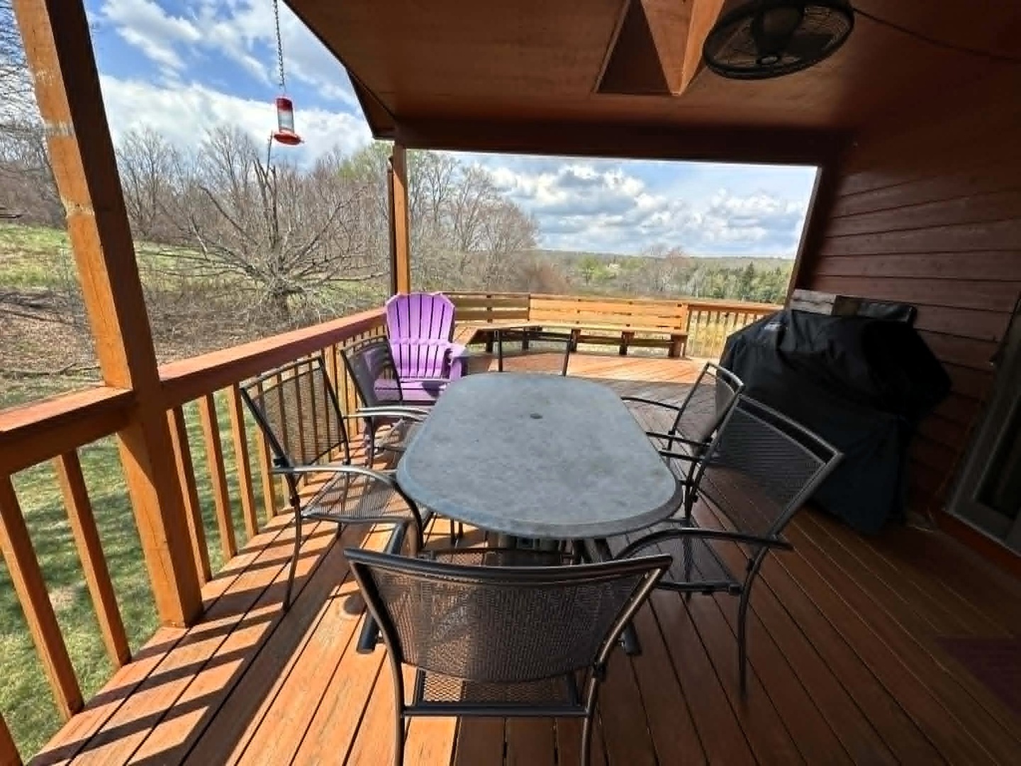 Gather around your private deck table for morning coffee or evening meals, surrounded by peaceful countryside views and fresh air.