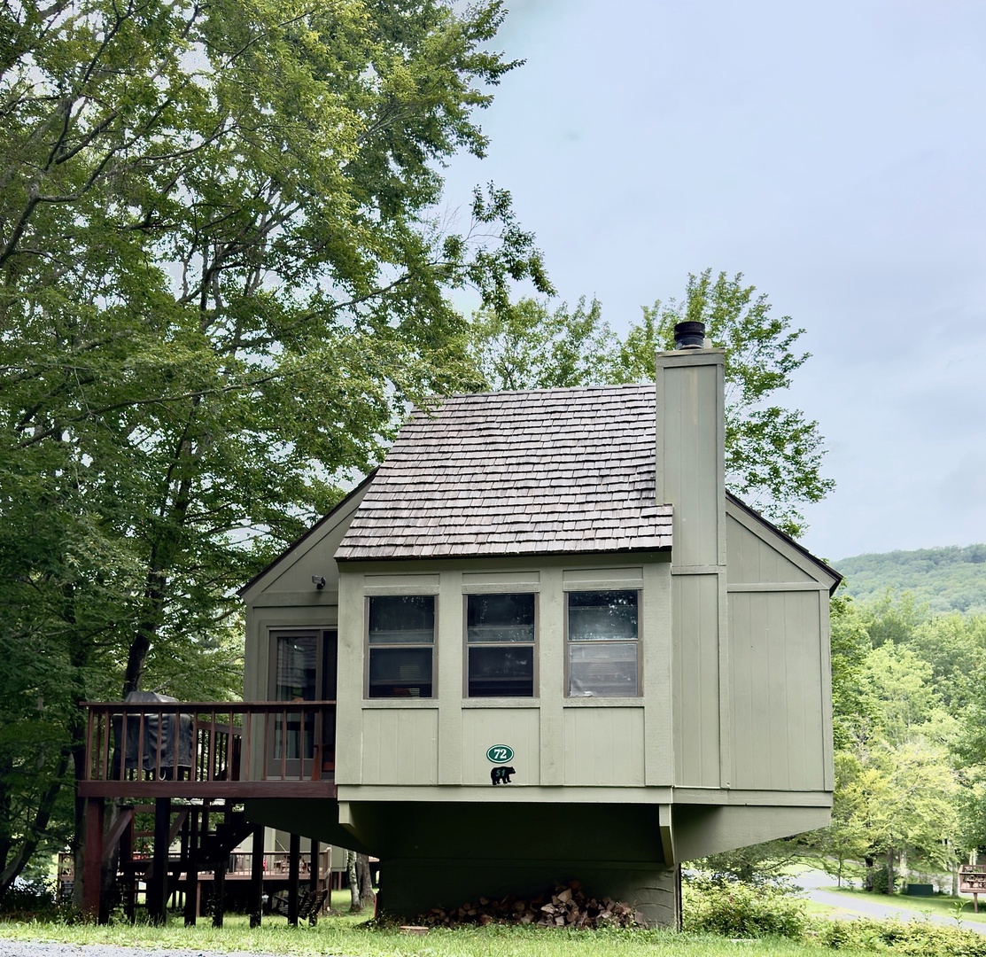A charming elevated cabin nestled among towering trees with mountain views in the distance.